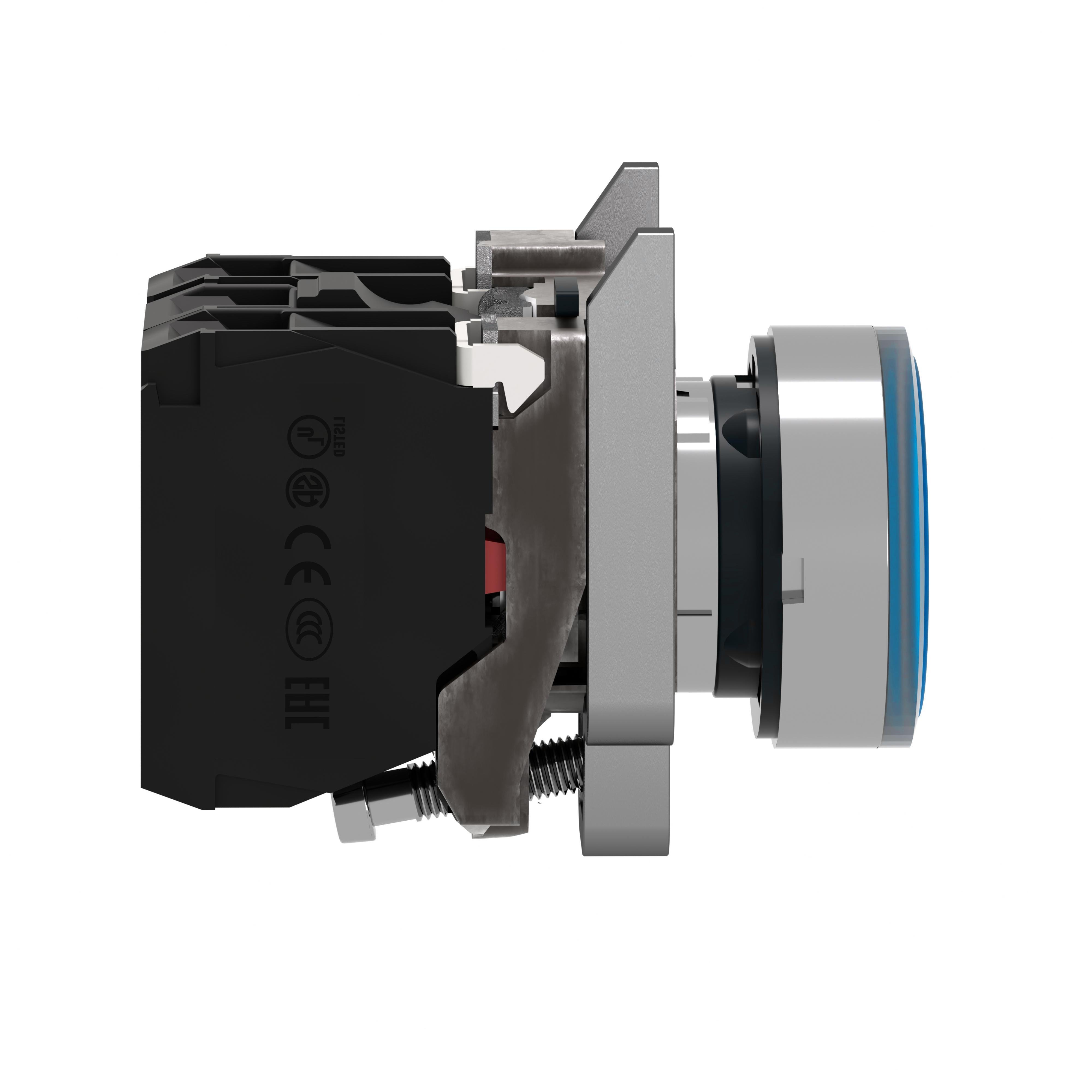 Picture of XB4BW36B5 - Illuminated push button, Harmony XB4, metal, blue flush, 22mm, universal LED, plain lens, 1NO + 1NC, 24V AC DC