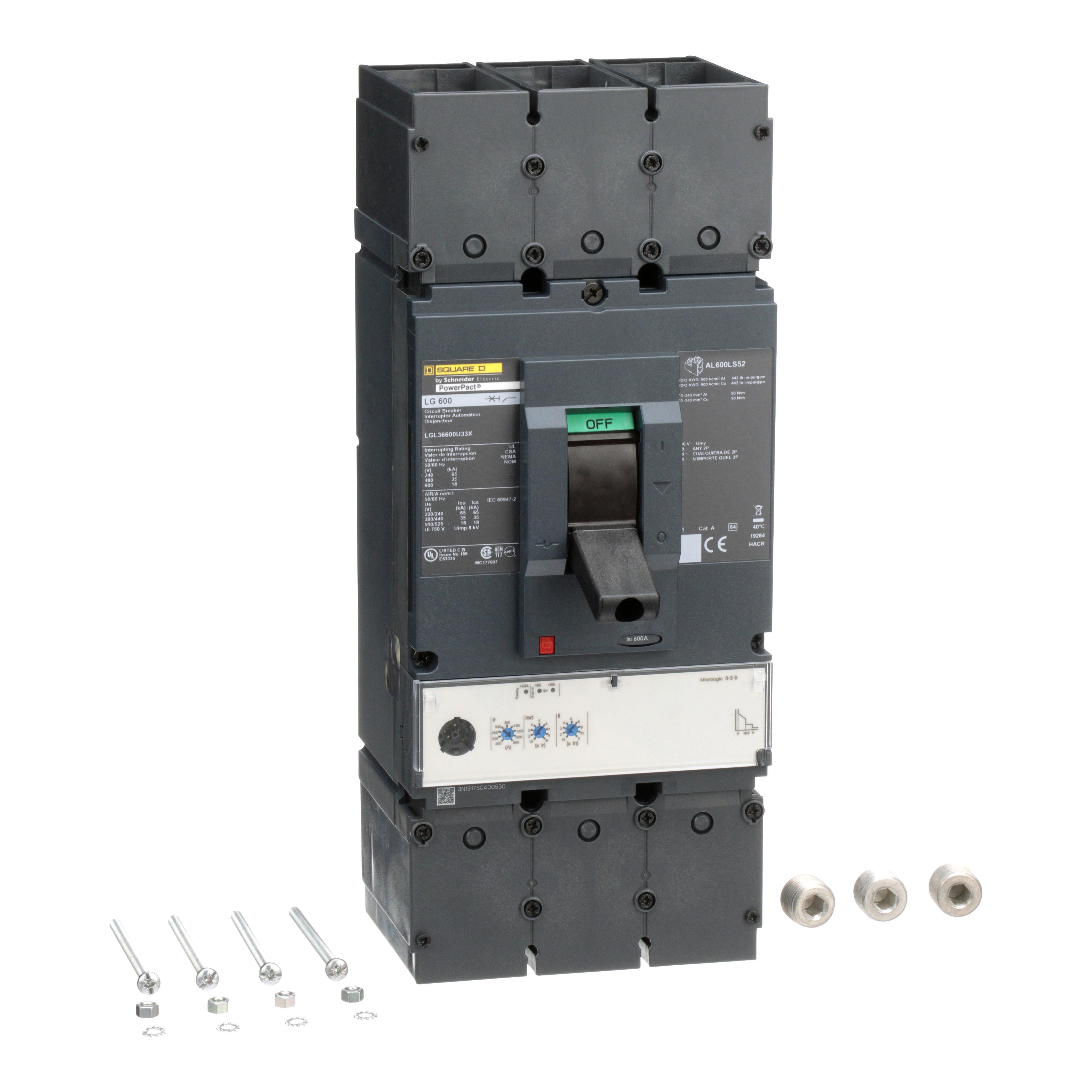 LGL36600U33X - Circuit breaker, PowerPacT L, 600A, 3 pole, 600VAC, 18kA, lugs, MicroLogic 3.3S, 80%