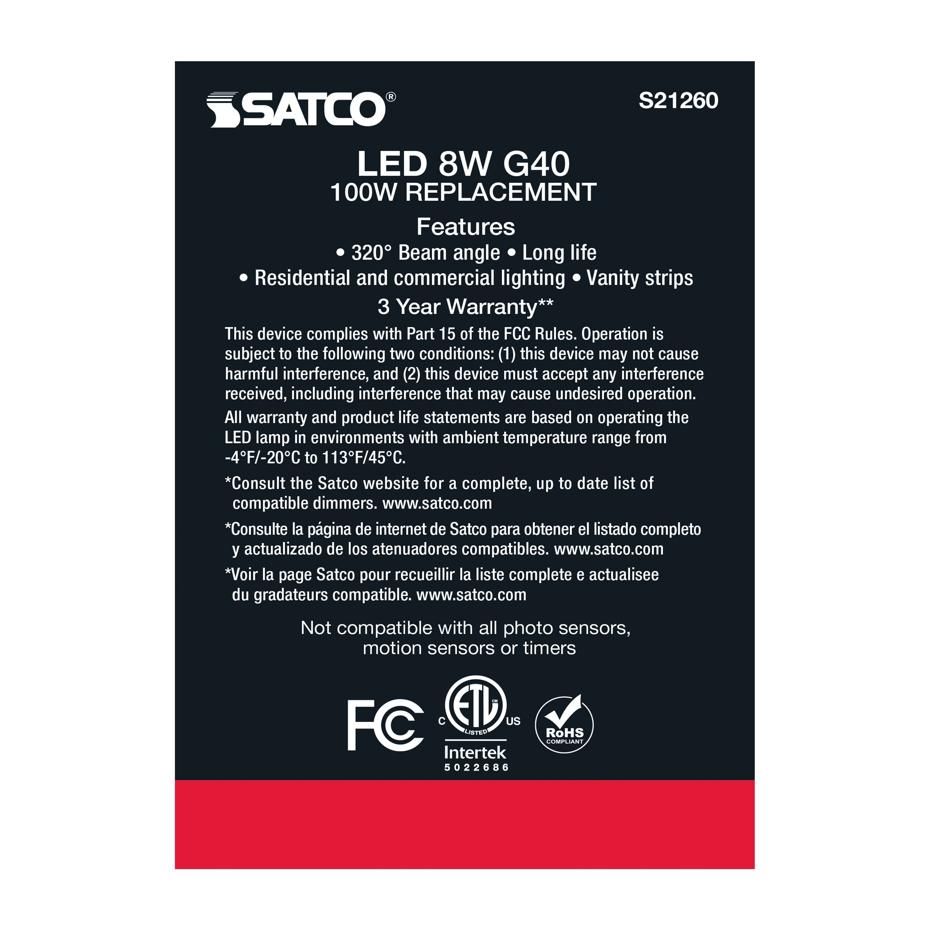 Picture of S21260 - 8 Watt G40 LED - White - Medium base - 90 CRI - 3000K - 120 Volt