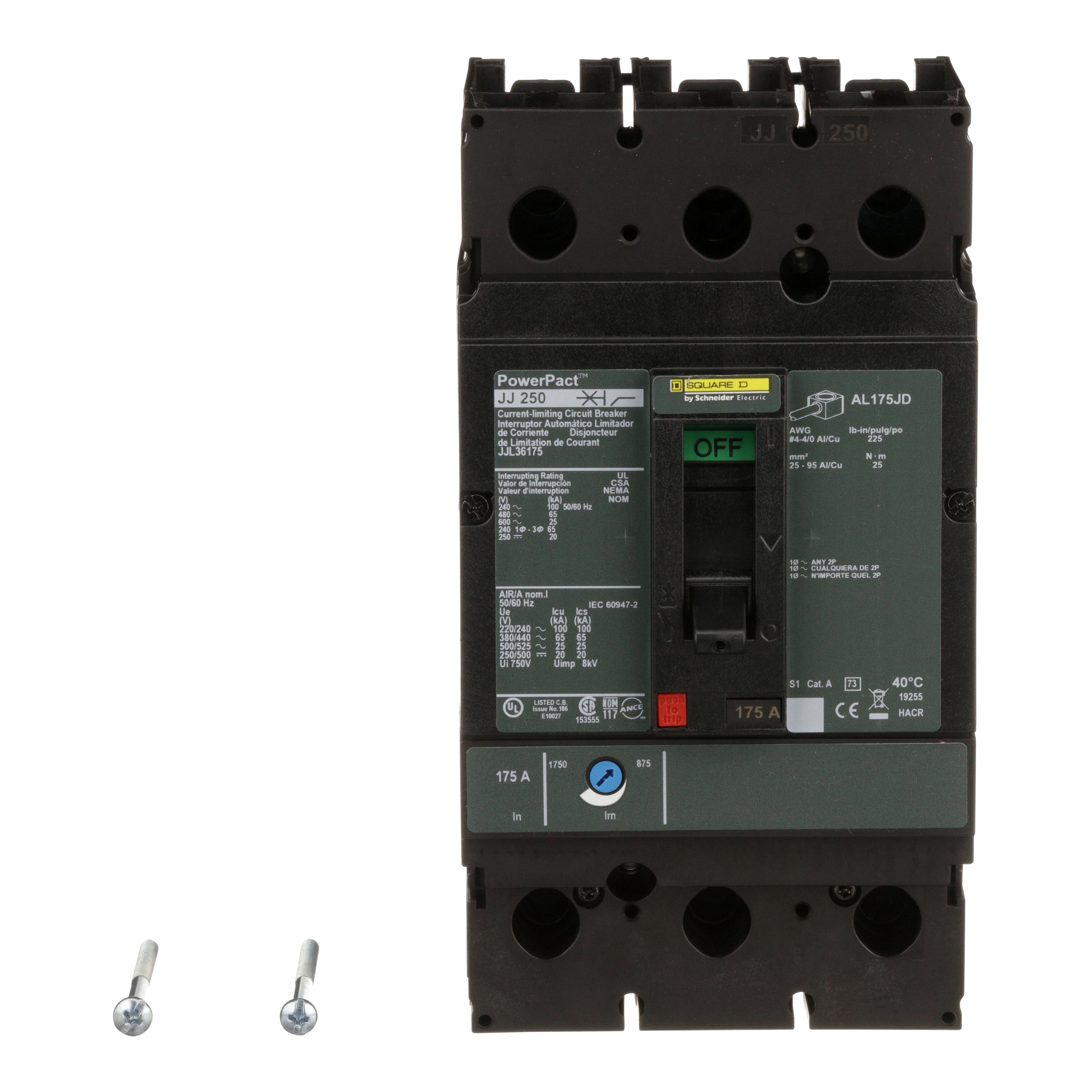 Picture of JJL36175 - Circuit breaker, PowerPacT J, 175A, 3 pole, 600VAC, 25kA, lugs, thermal magnetic, 80%
