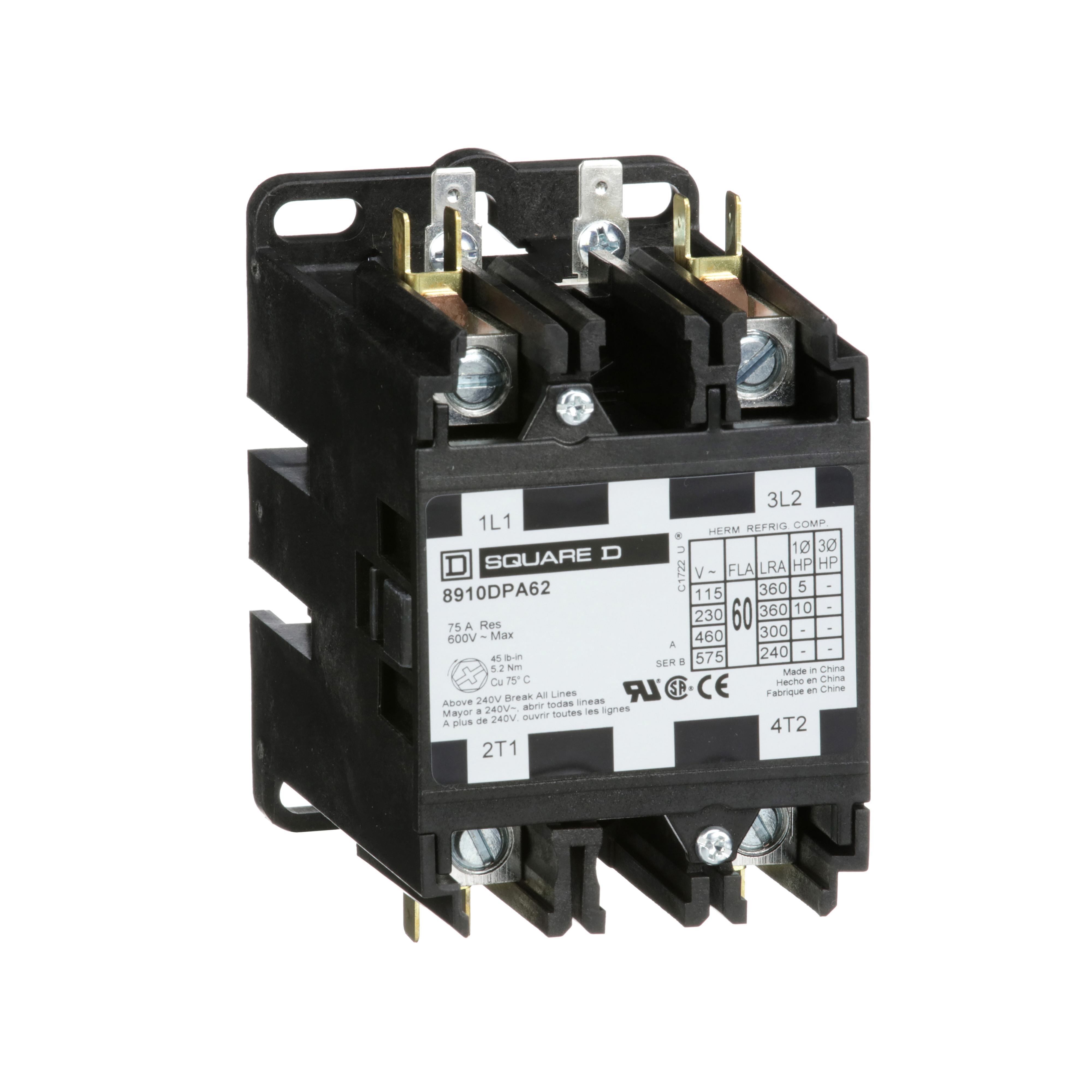 8910DPA62V02 - Contactor, Definite Purpose, 60A, 2 pole, 10HP at 230VAC, 1 phase, 110/120VAC 50/60Hz coil, open