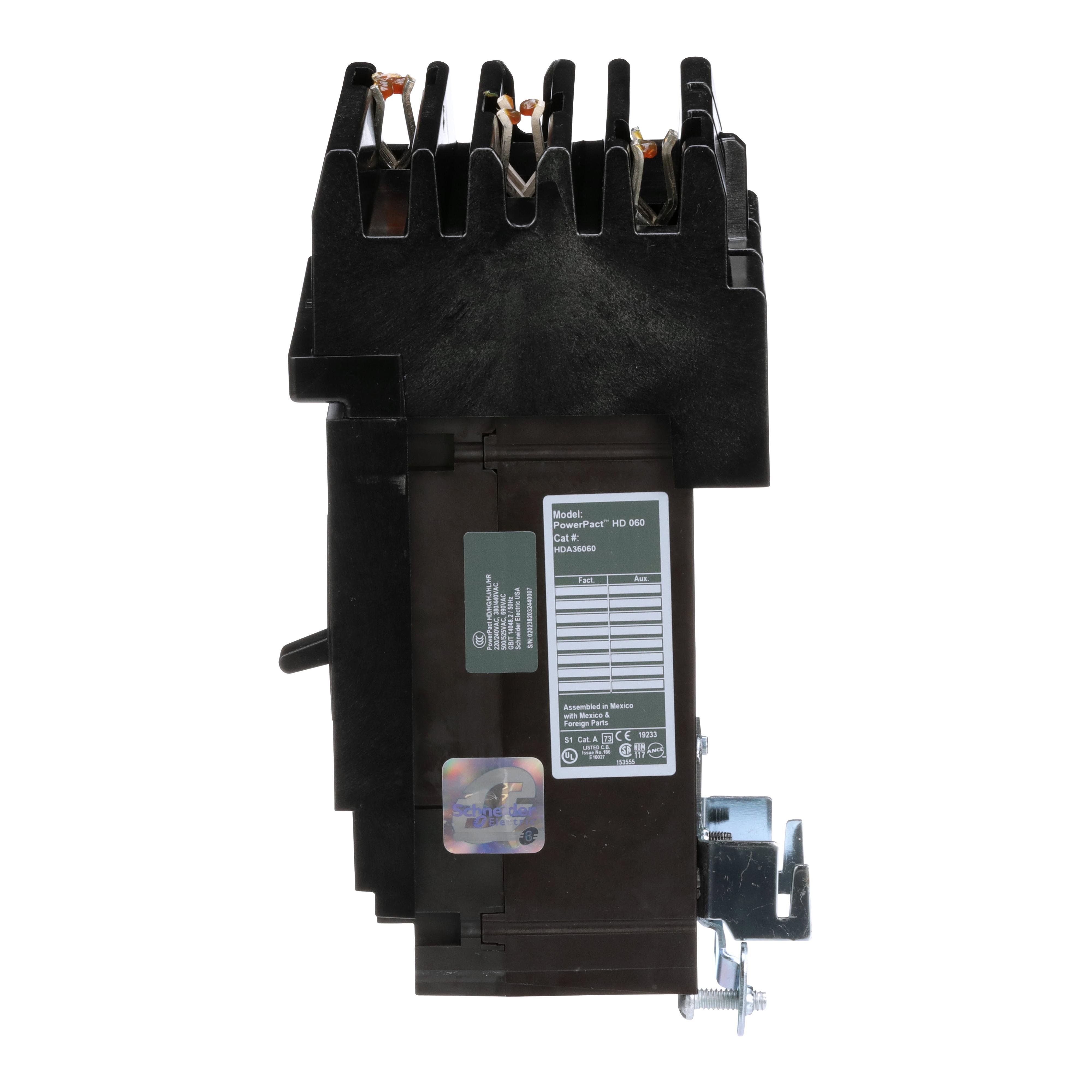 Picture of HDA36060 - Circuit breaker, PowerPacT H, 60A, 3 pole, 600VAC, 14kA, I-Line, thermal magnetic, 80%, ABC