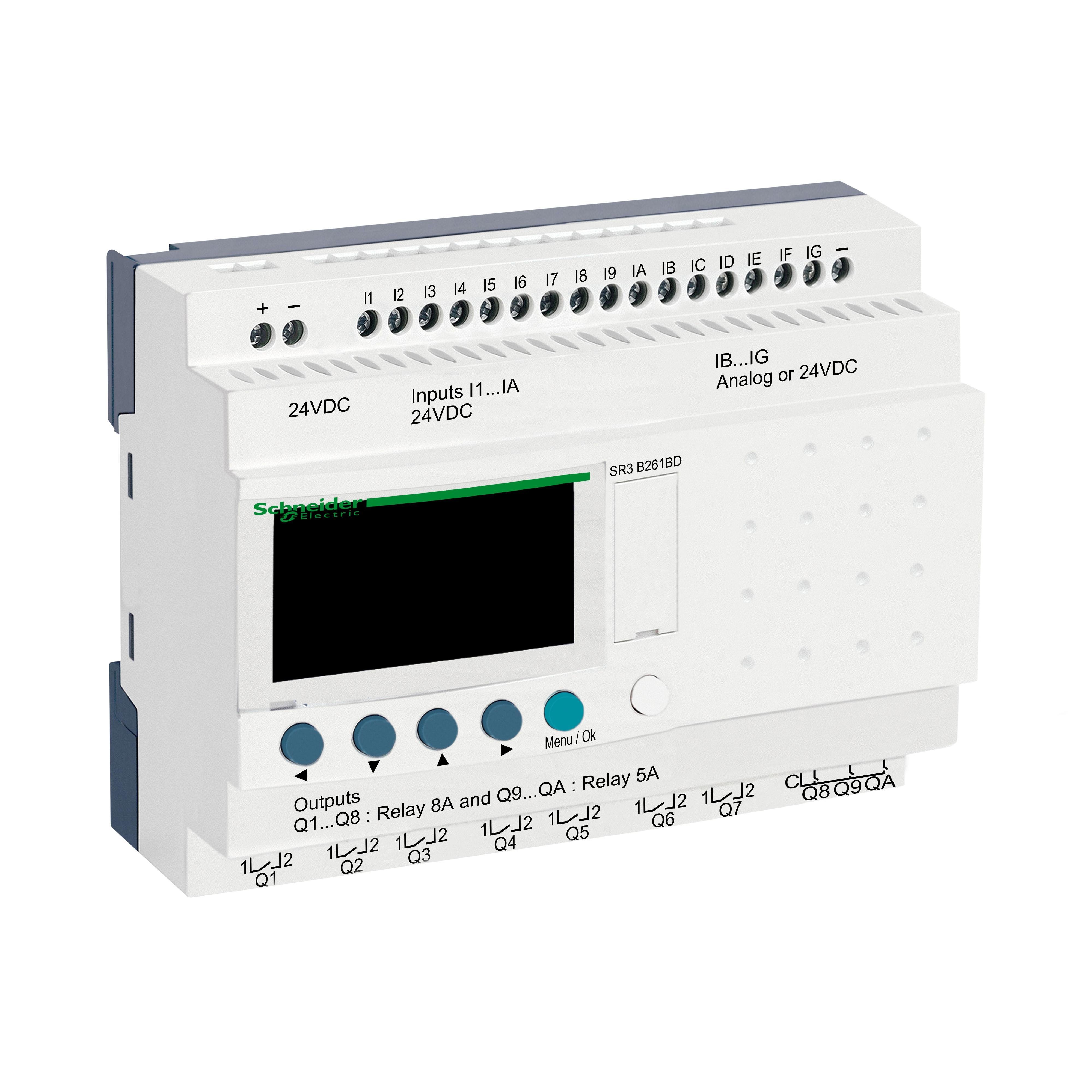 Picture of SR3B261BD - modular smart relay, Zelio Logic SR2 SR3, 26 IO, 24V DC, clock, display, 10 relay outputs