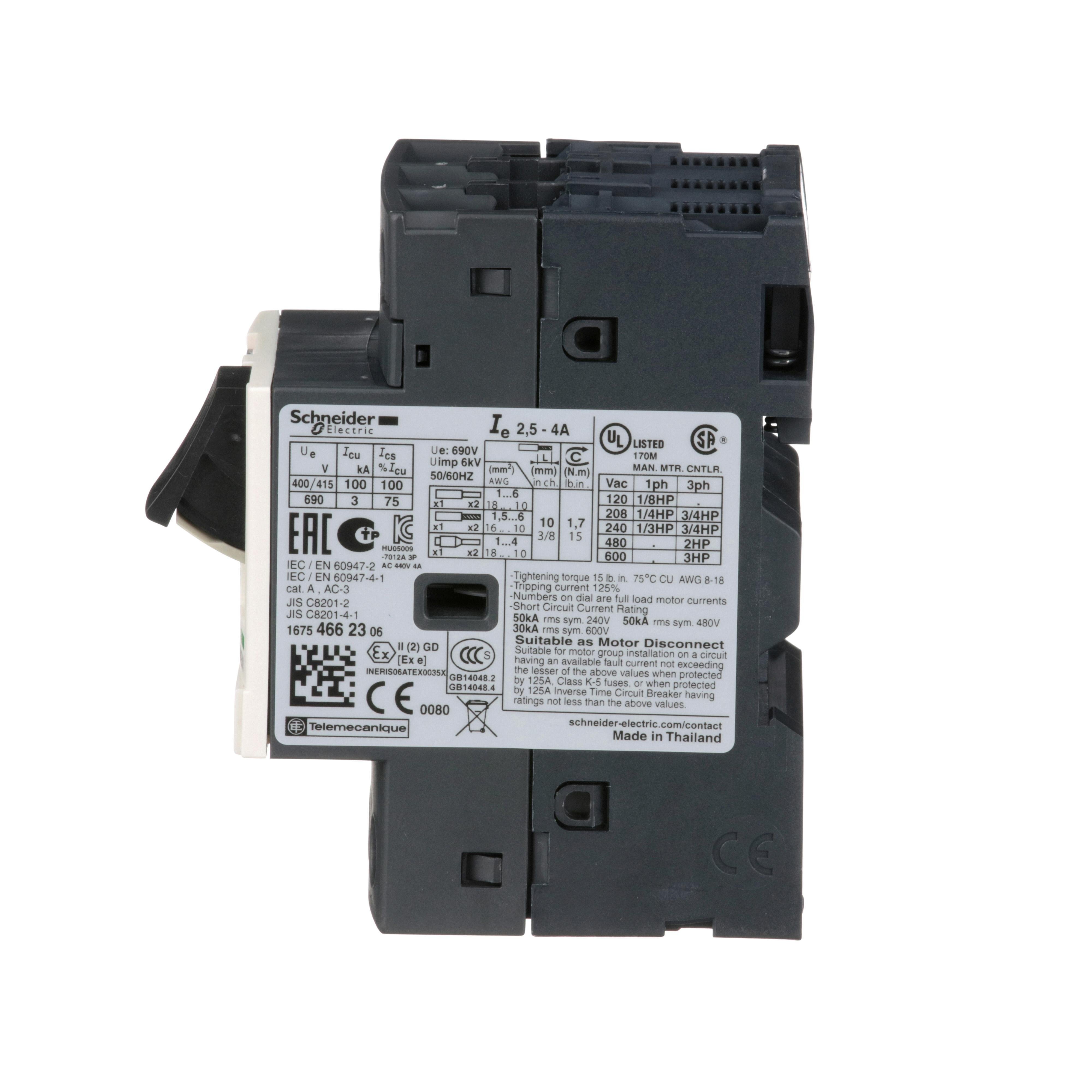 Picture of GV2ME08 - TeSys Deca Manual Starter and Protector, thermal magnetic circuit protector, push buttons, 2.5 to 4 A, screw clamp