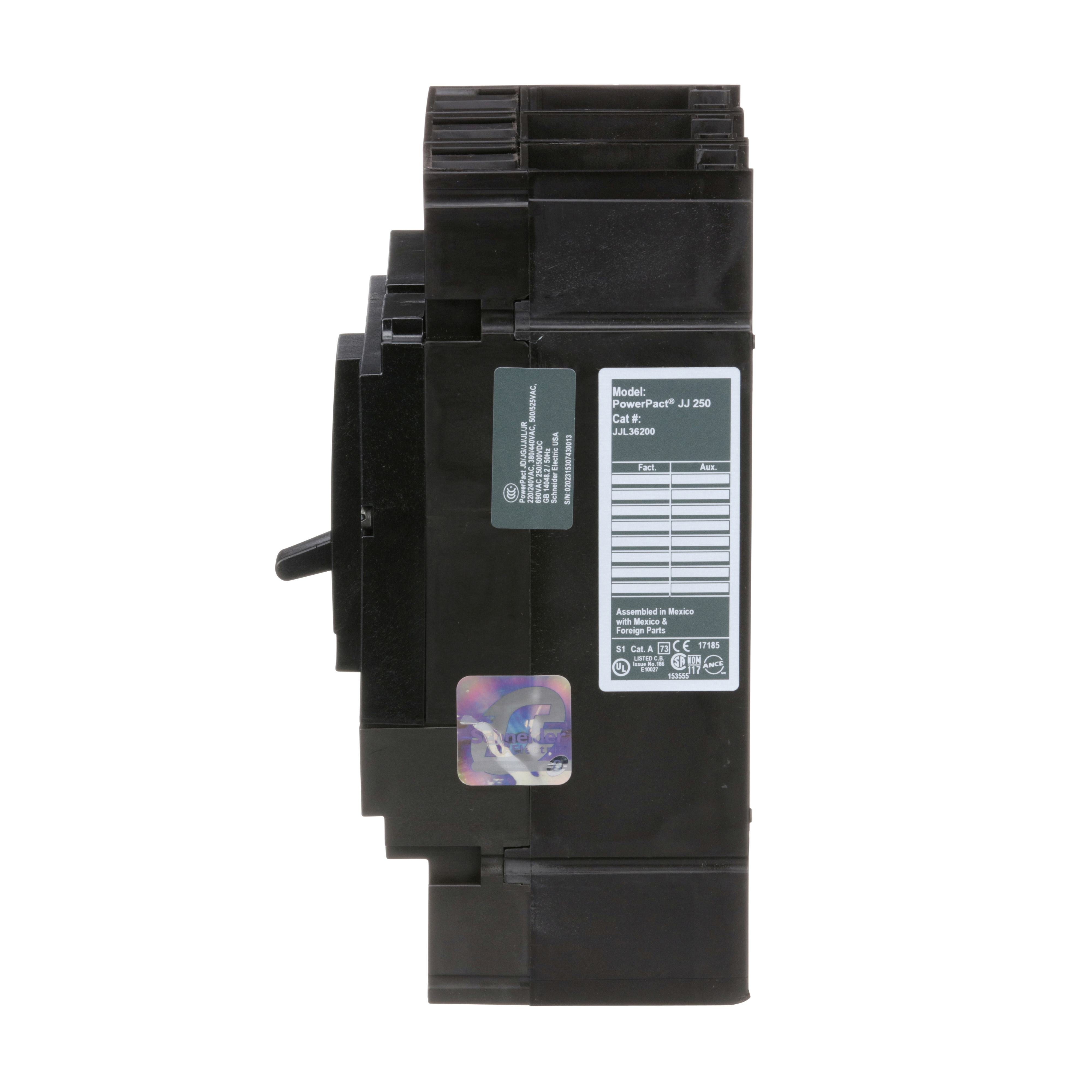 Picture of JJL36200 - Circuit breaker, PowerPacT J, 200A, 3 pole, 600VAC, 25kA, lugs, thermal magnetic, 80%