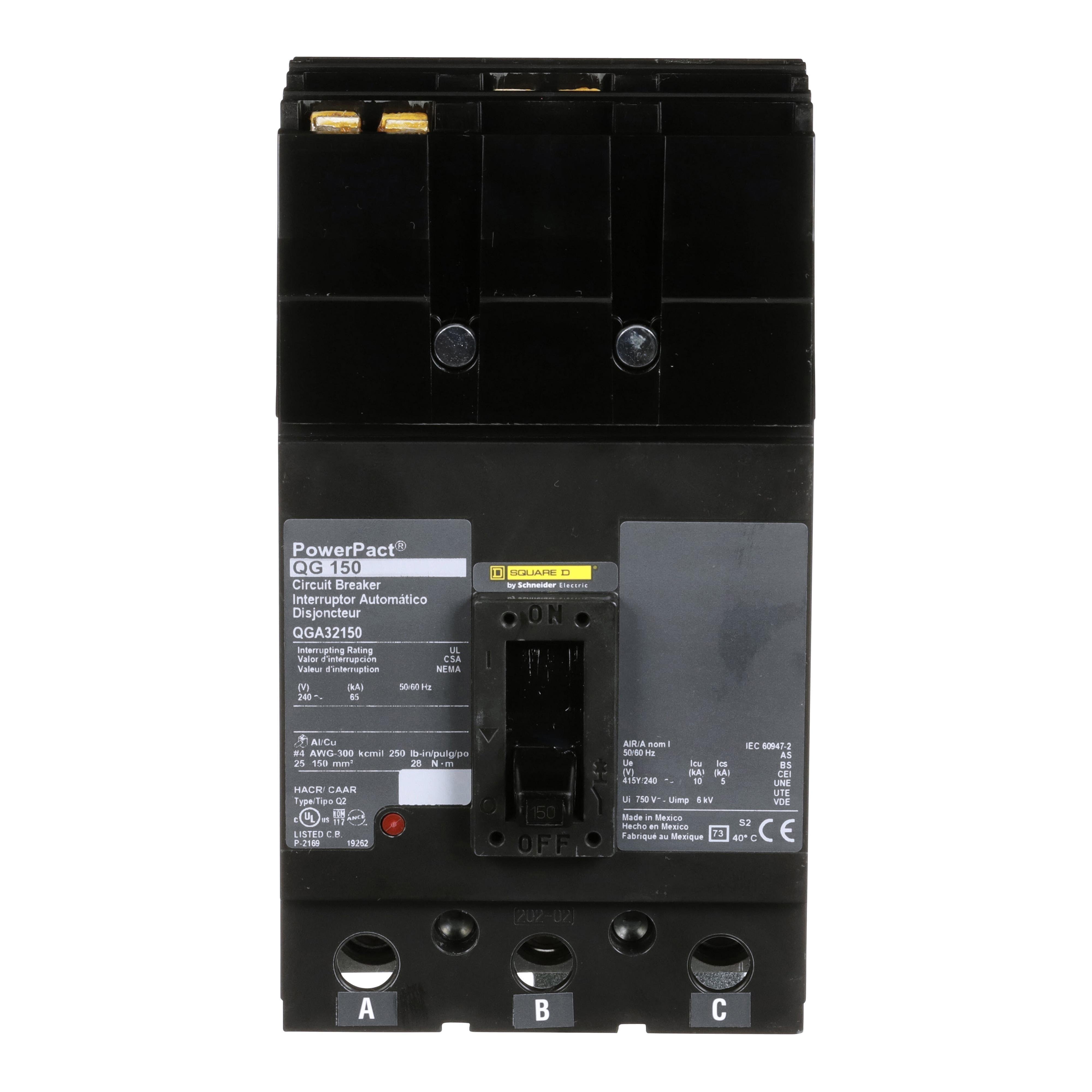 Picture of QGA32150 - Circuit breaker, PowerPacT Q, 150A, 3 pole, 240VAC, 65kA, I-Line, thermal magnetic, 80%, ABC