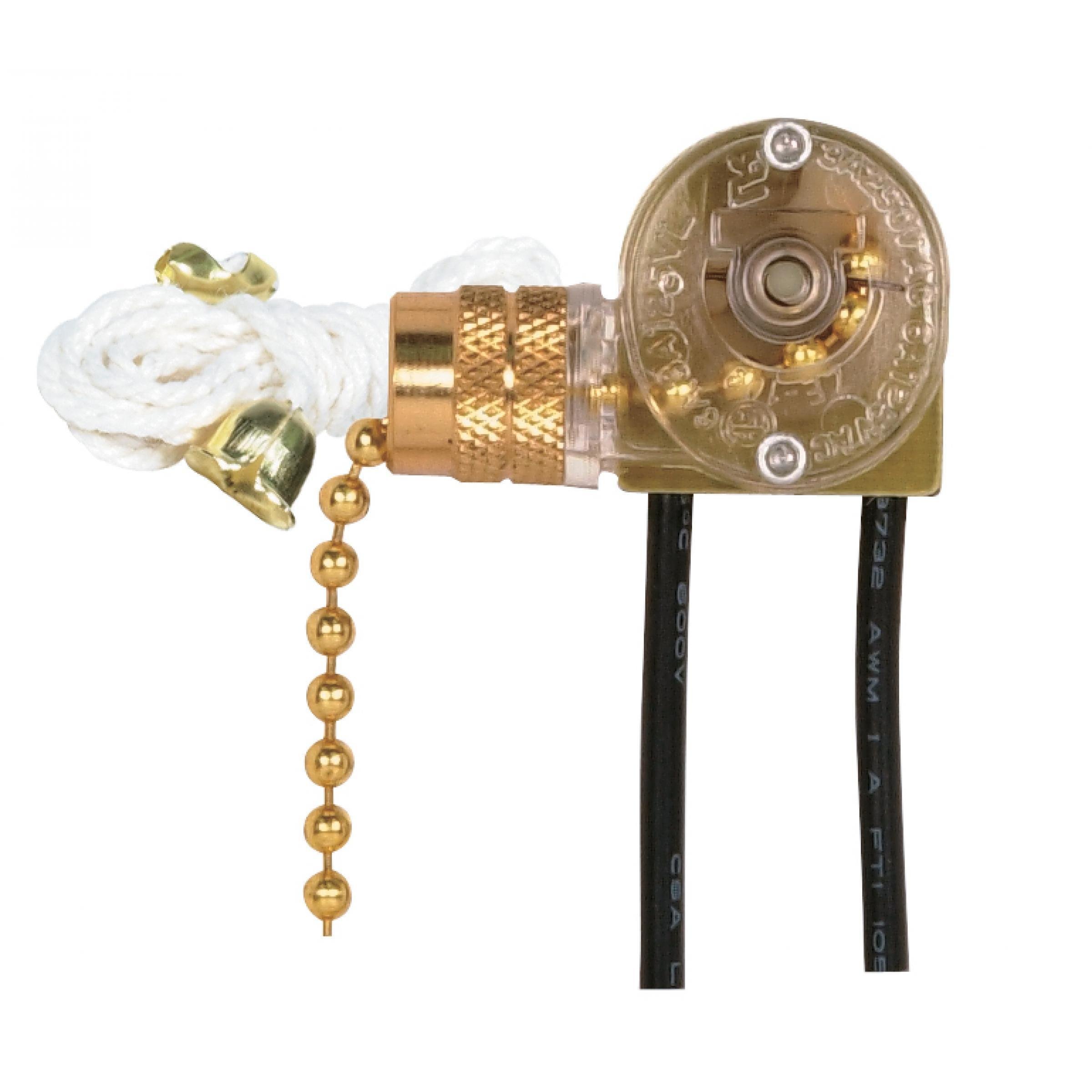 90-704 - On-Off Canopy Switch, Single Circuit With Metal Chain, White Cord And Bell, 6A-125V, 3A-250V Rating, Brass Finish