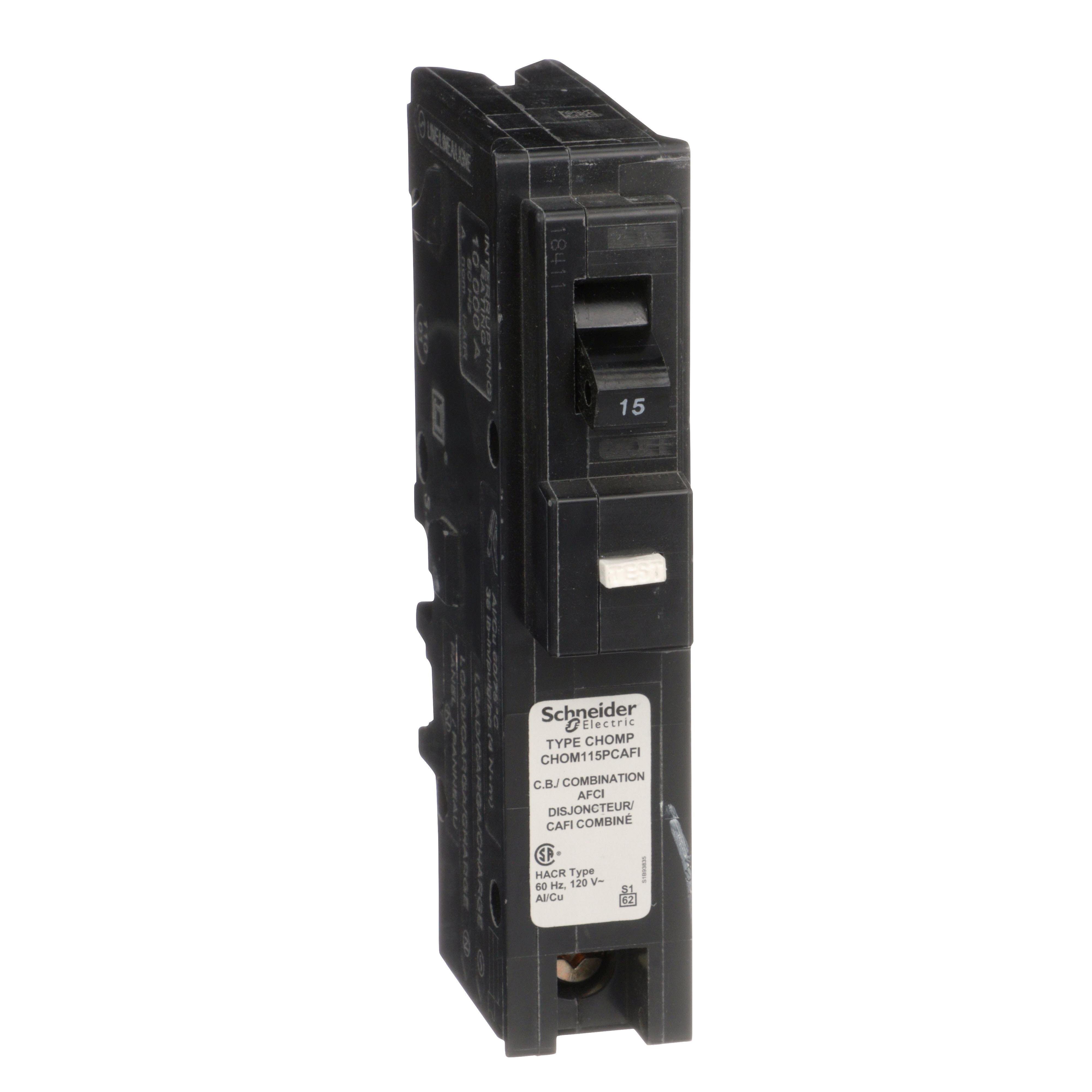 CHOM115PCAFI - Mini circuit breaker, Homeline Canadian, 15A, 1 pole, 120VAC, 10kA AIR, combo arc fault, plug on neutral, plug in, UL [TAA]