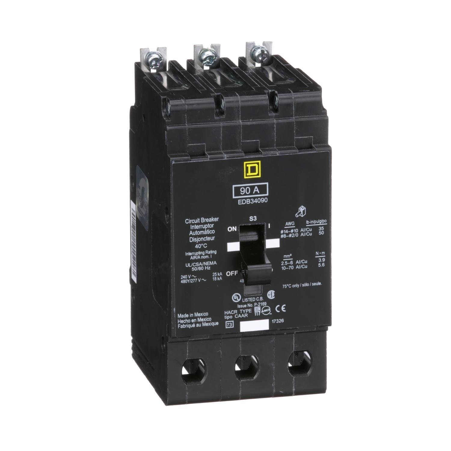 EDB34090 - [TAA] Mini circuit breaker, E-Frame, 90A, 3 pole, 480Y/277VAC, 25kA max, bolt on