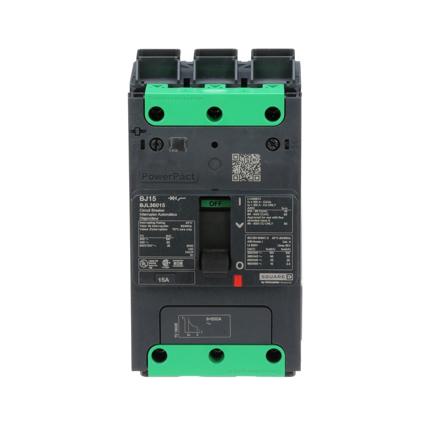 BJL36015 - Circuit breaker, PowerPacT B, 15A, 3 pole, 600Y/347VAC, 25kA, lugs, thermal magnetic, 80%