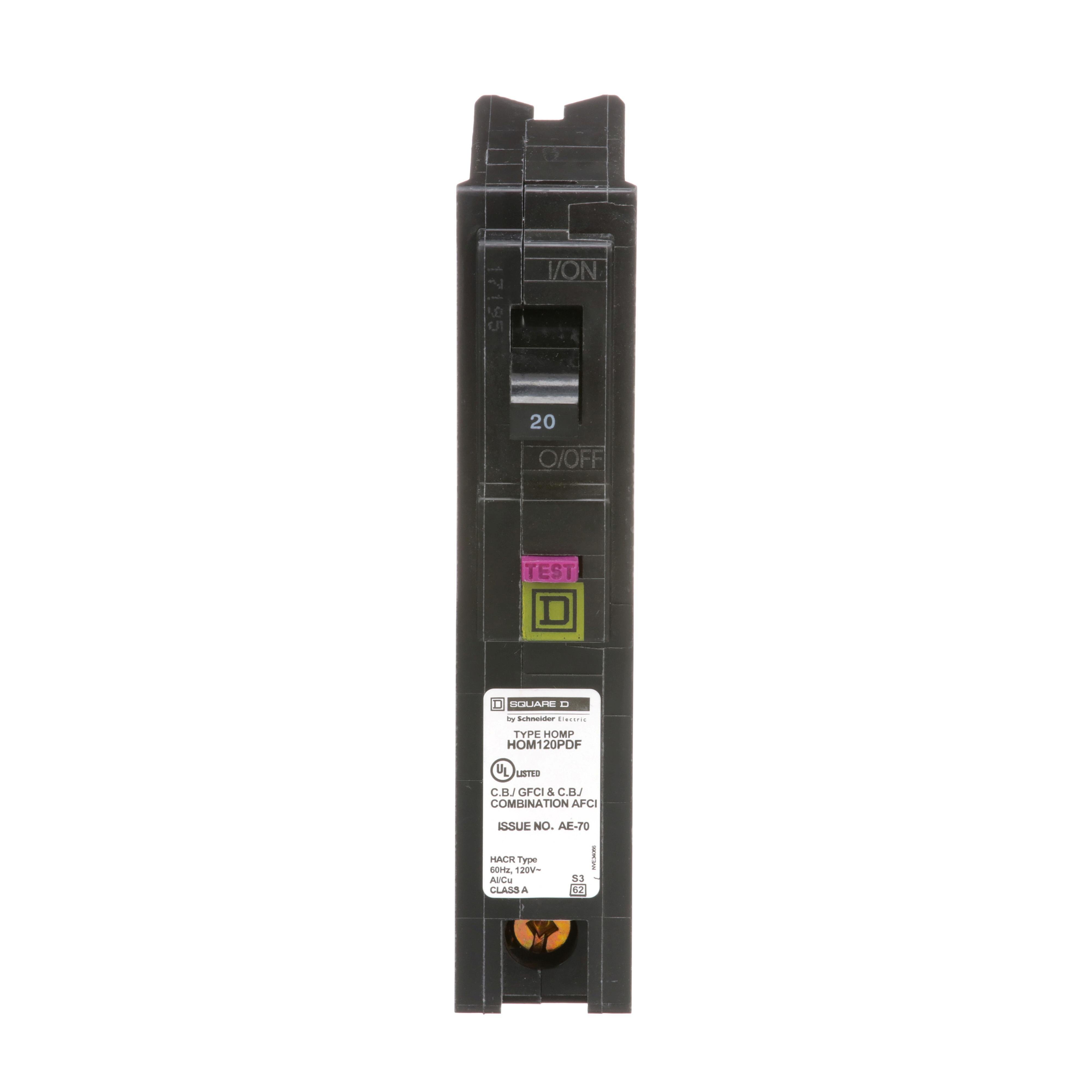 Picture of HOM120PDF - [TAA] Mini circuit breaker, Homeline, 20A, 1 pole, 120VAC, 10kA AIR, combo ARC/ground fault, plug on neutral, plug in, UL