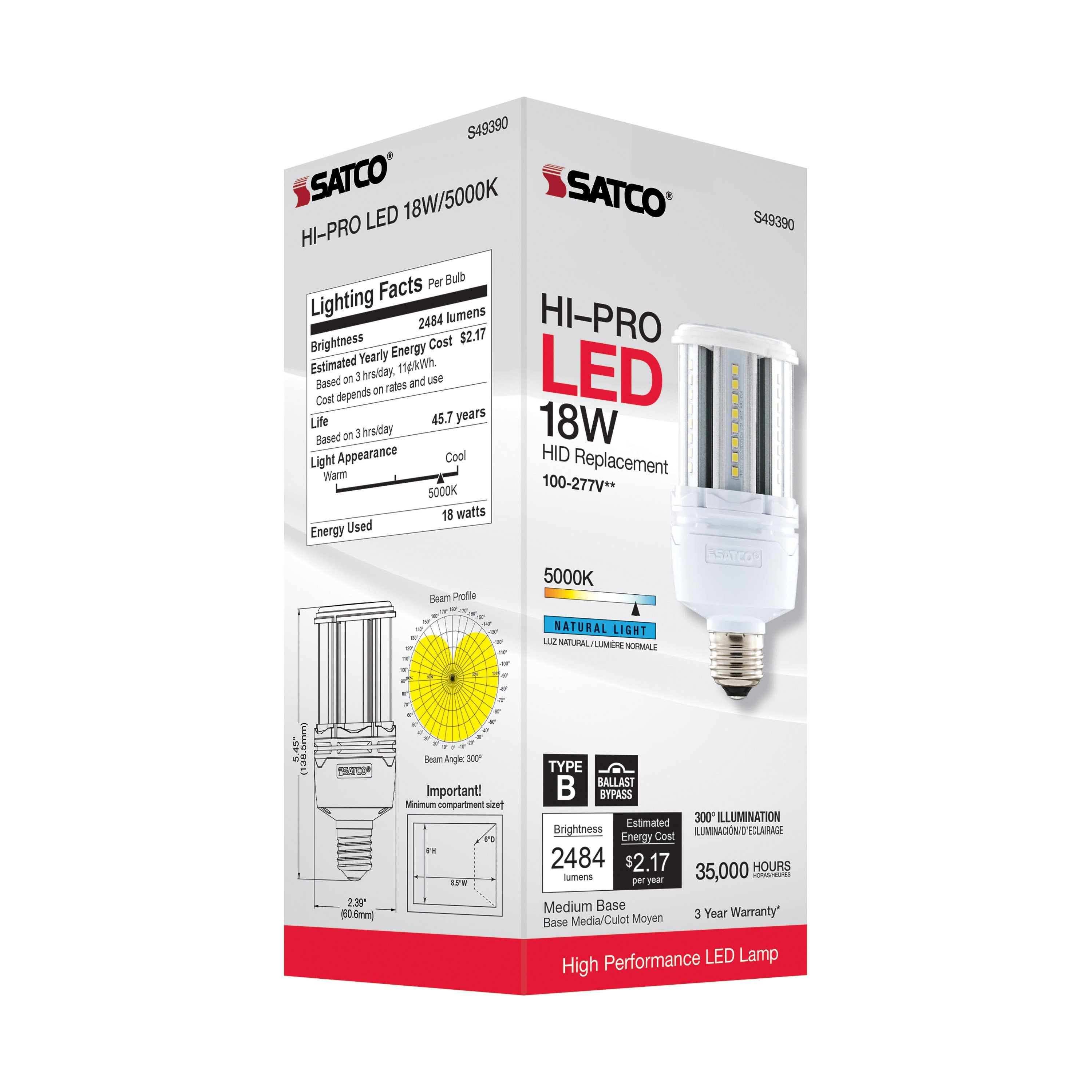 Picture of S49390 - 18 Watt LED HID Replacement - 80 CRI - 5000K - Type B - Ballast Bypass - Medium base - Economy Hi-Pro