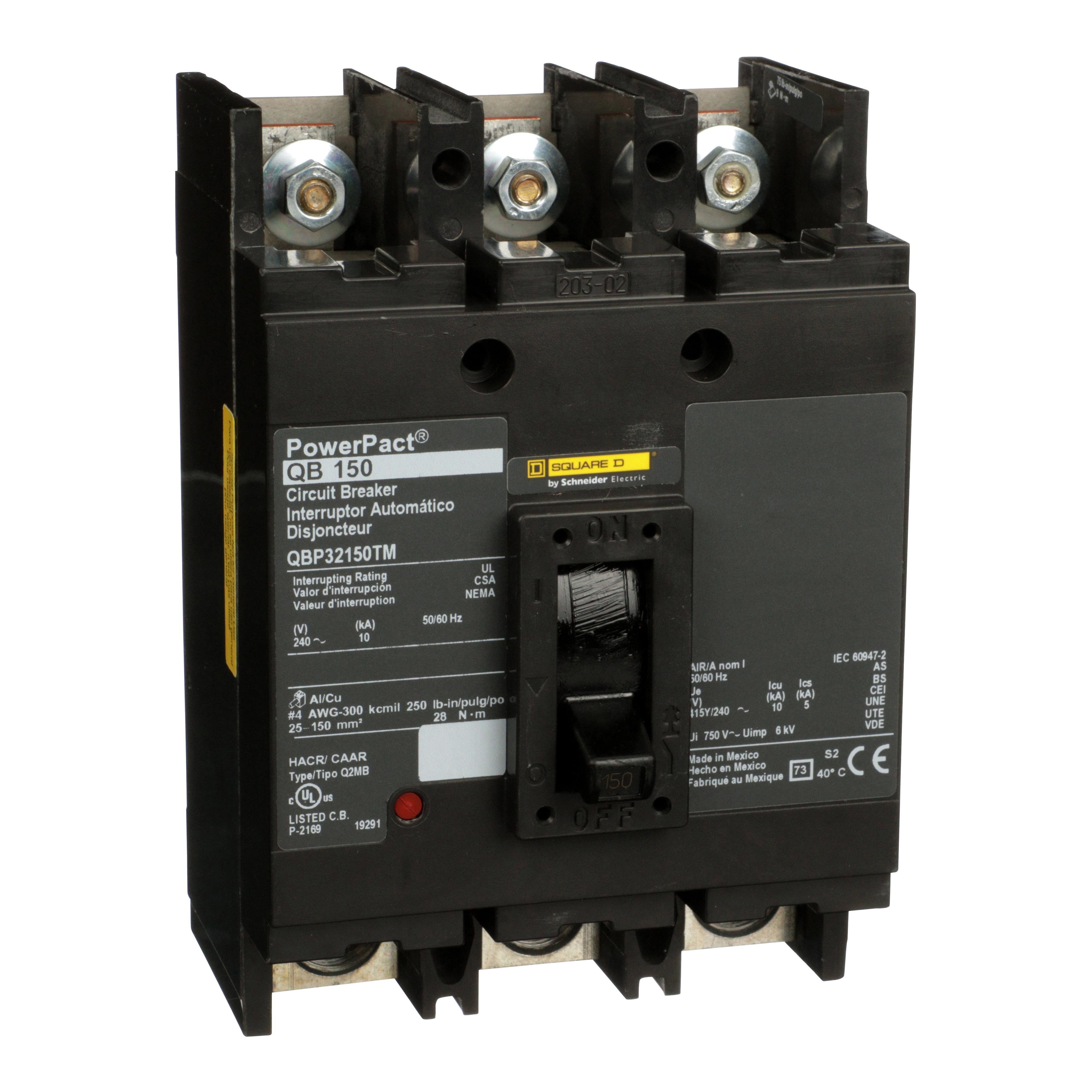 QBP32150TM - Circuit breaker, PowerPacT Q, 150A, 3 pole, 240VAC, 10kA, lugs, thermal magnetic, 80%, bottom of panel