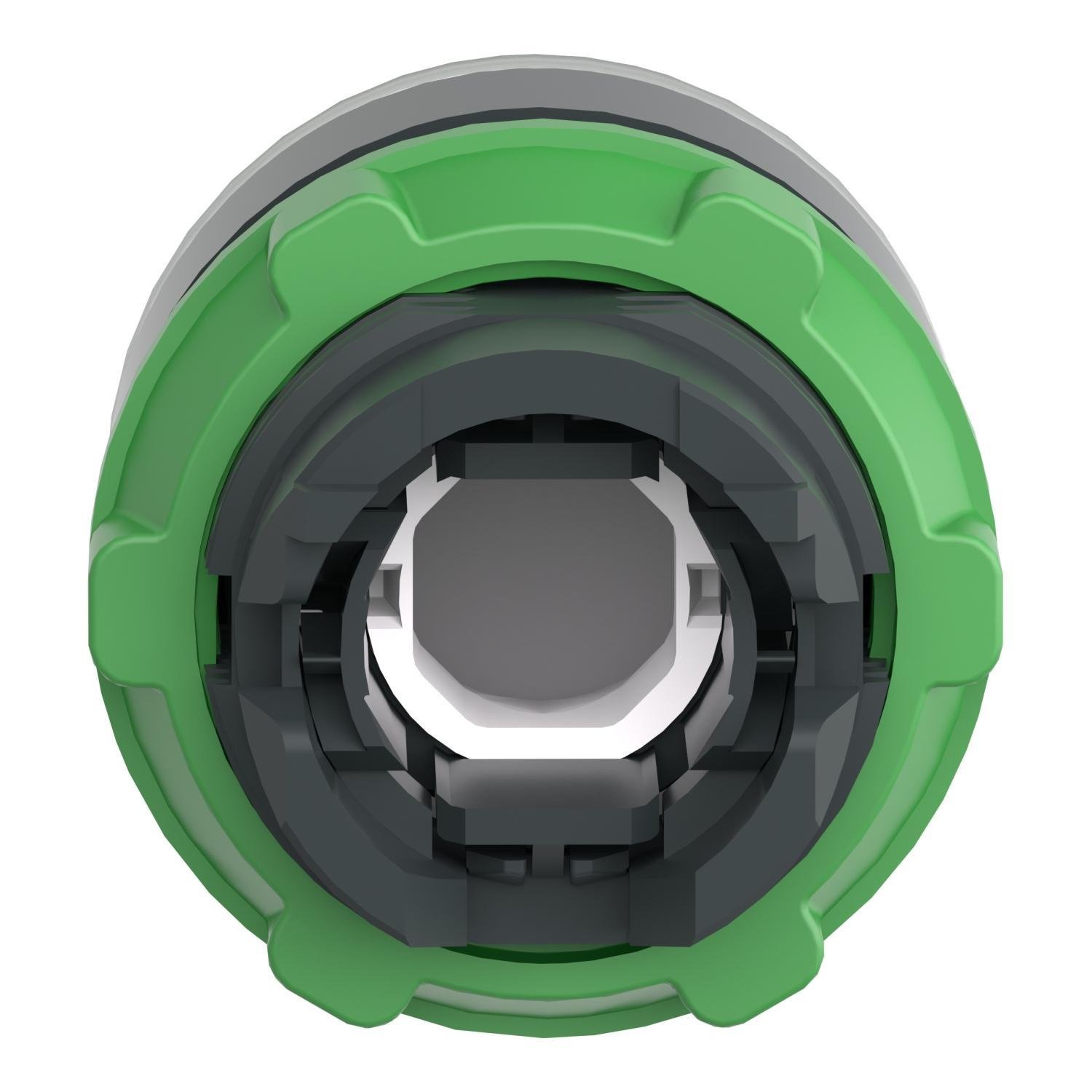 Picture of ZB5AW333 - Head for illuminated push button, Harmony XB5, plastic, green flush, 22mm, universal LED, spring return, plain lens