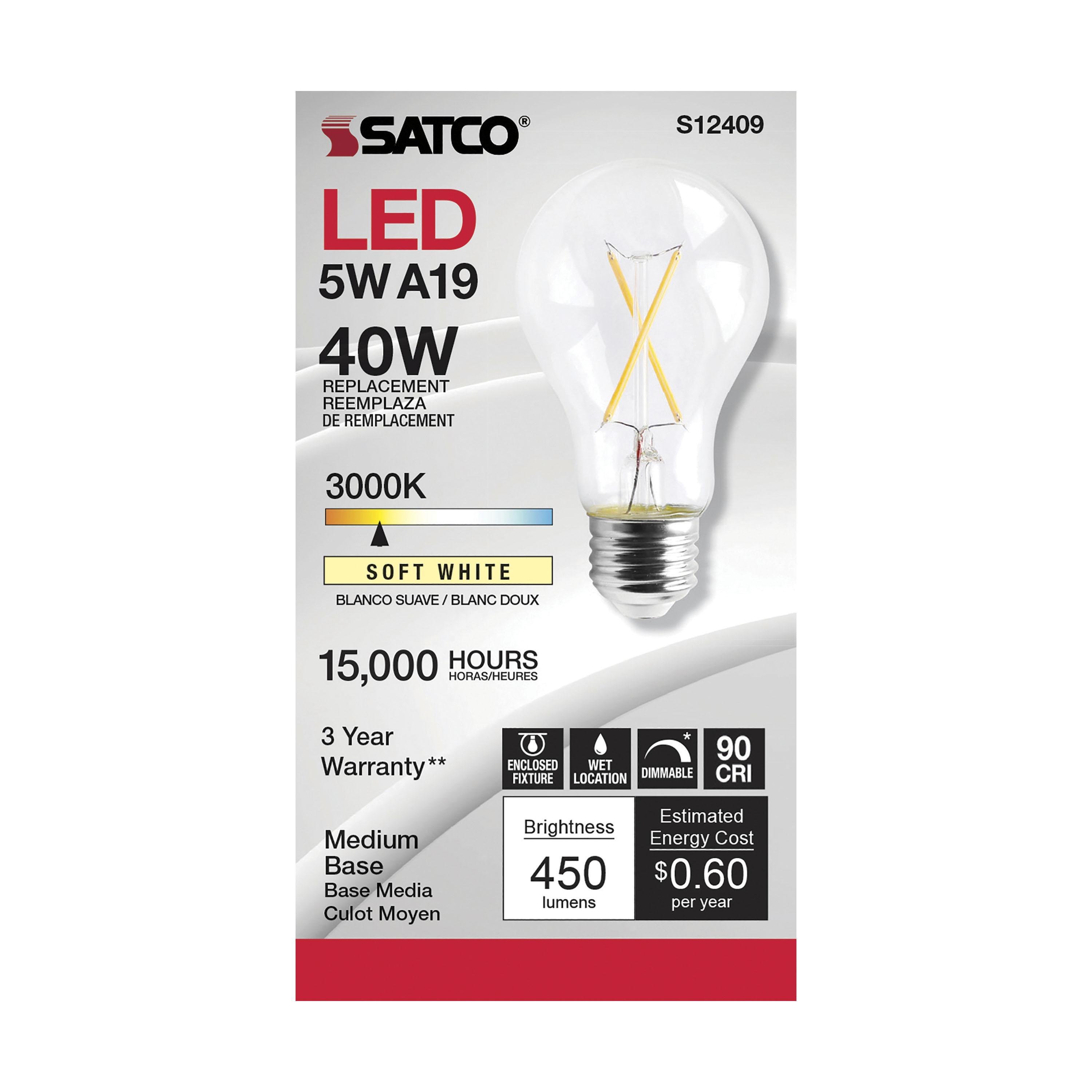 Picture of S12409 - 5 Watt LED A19 - Clear - Medium Base - 3000K - 90 CRI - 120 Volt