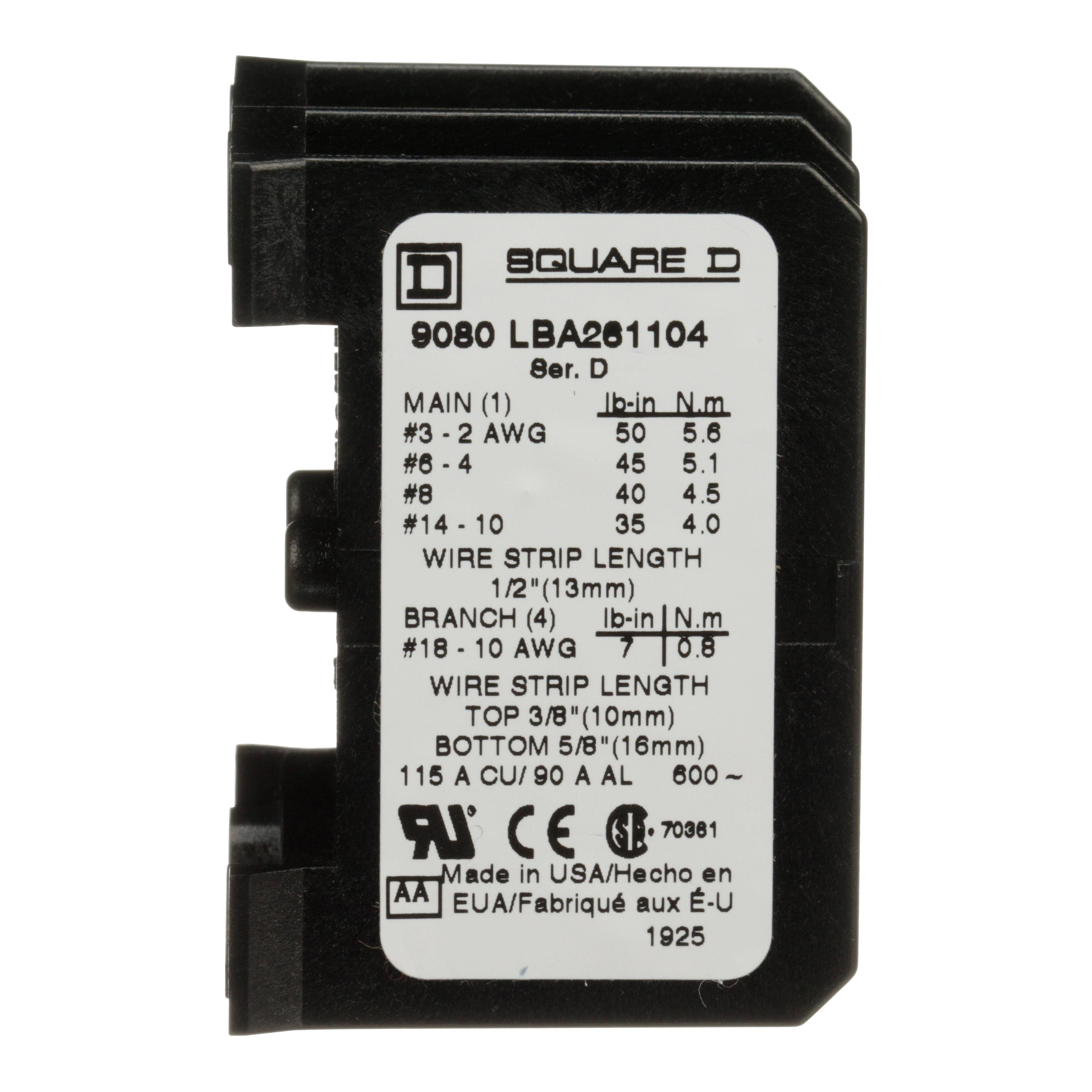 Picture of 9080LBA261104 - Power distribution block, Linergy, 2 pole, 1 line, 4 load, 115A CU, 90A AL, 600 V