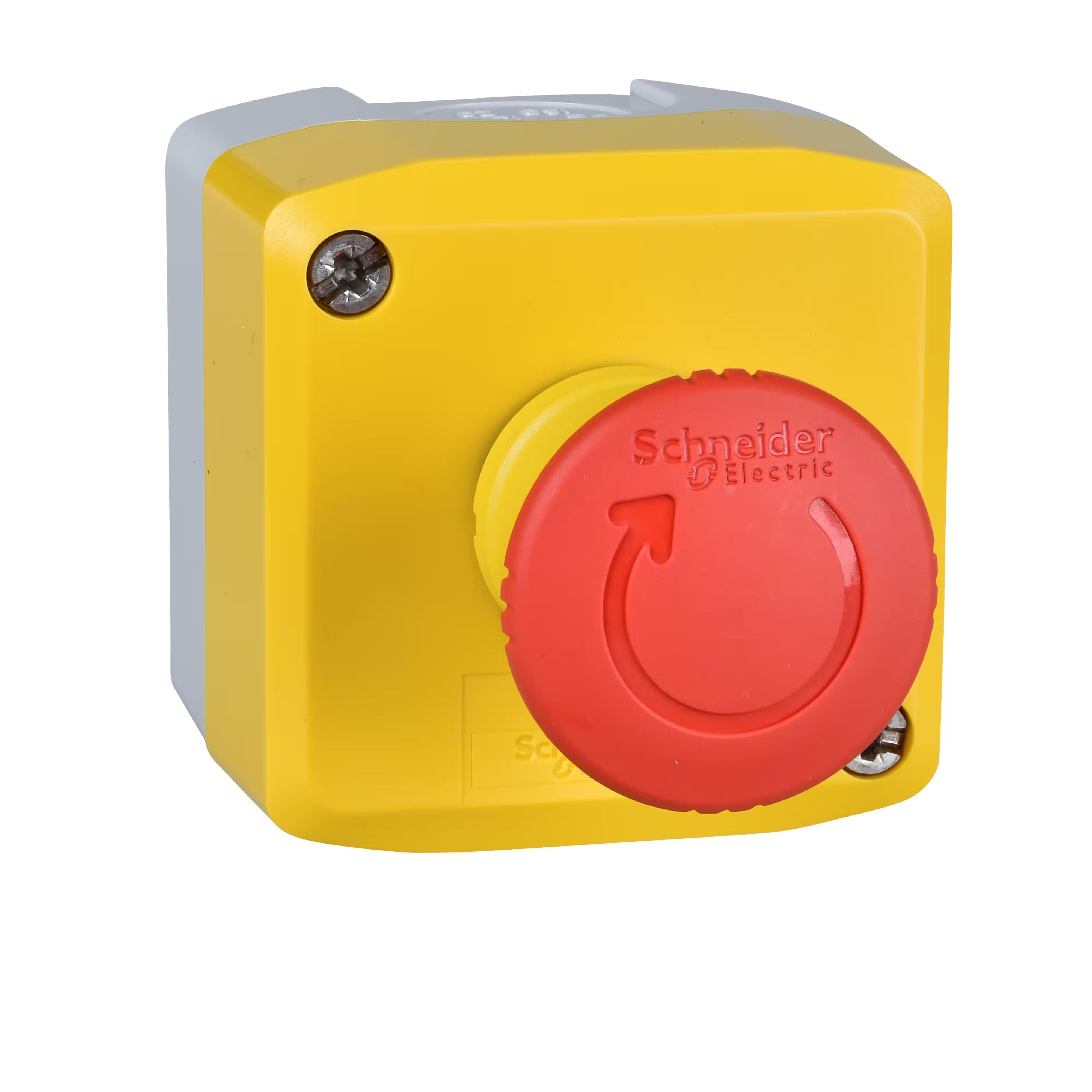 Picture of XALACS1 - 22mm push button, Harmony, yellow control station, trigger action emergency stop, 40mm red mushroom, 1 NC, NEMA 13