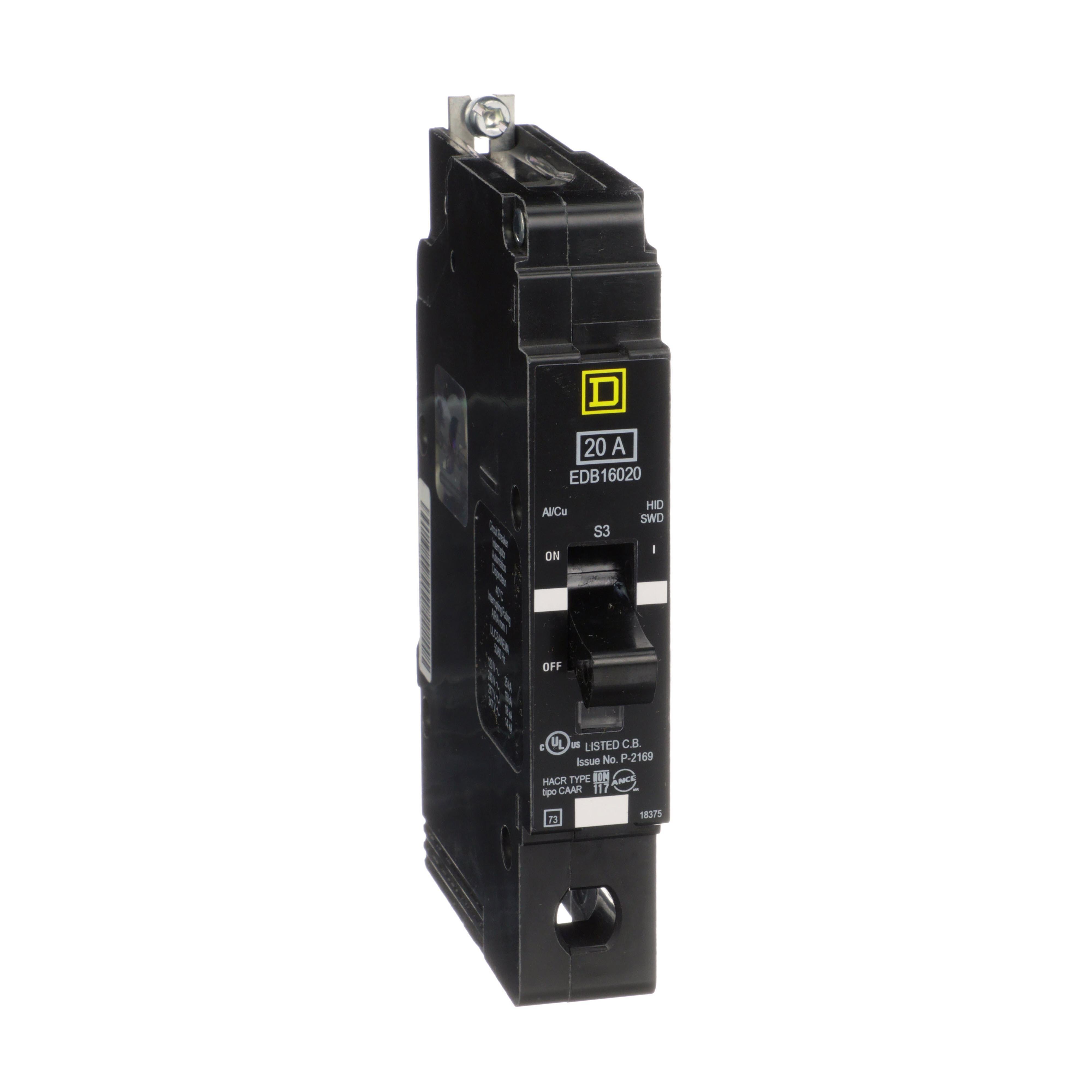 EDB16020 - Mini circuit breaker, E-Frame, 20A, 1 pole, 600Y/347VAC, 25kA max, bolt on [TAA]