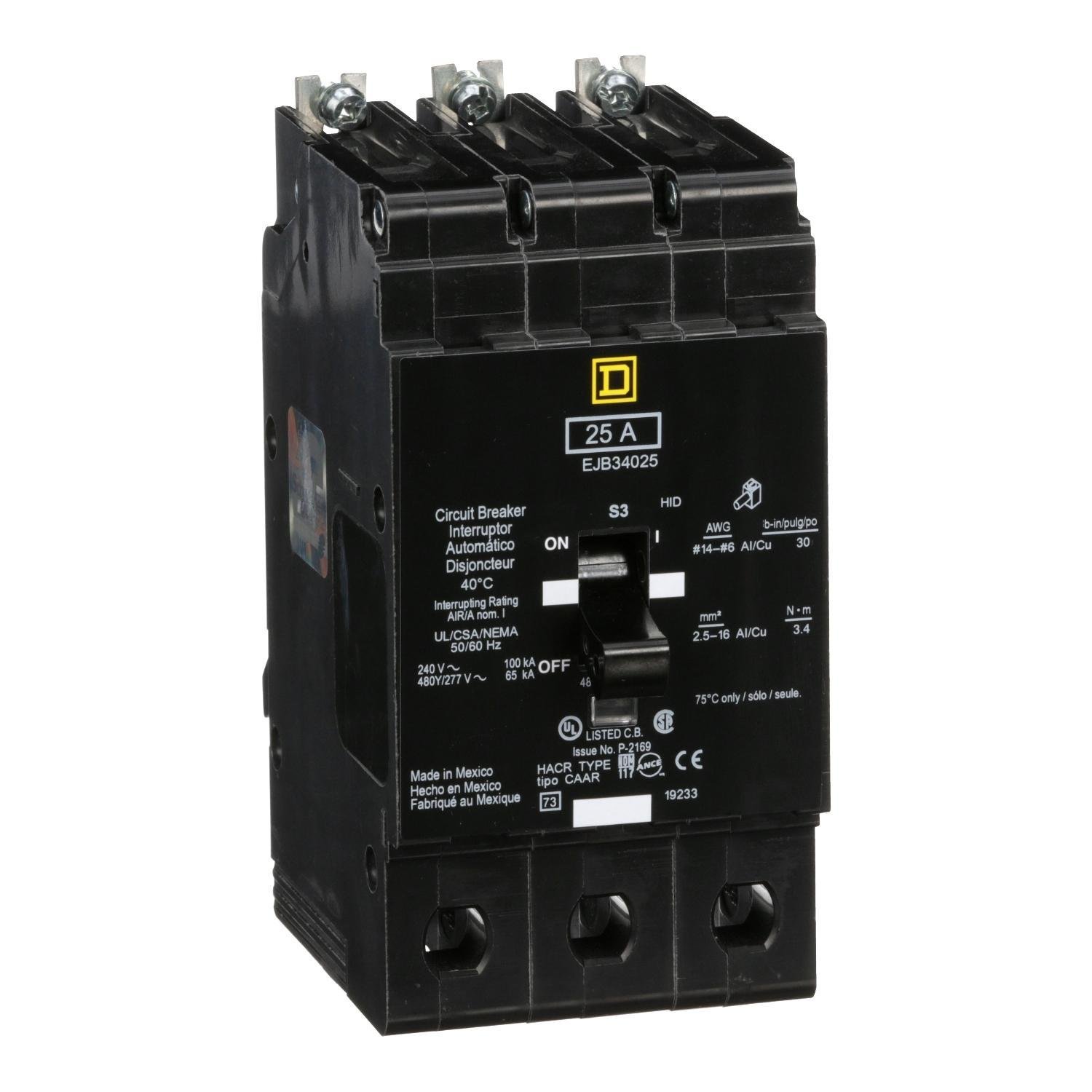 Picture of EJB34025 - [TAA] Mini circuit breaker, E-Frame, 25A, 3 pole, 480Y/277VAC, 100kA max, bolt on