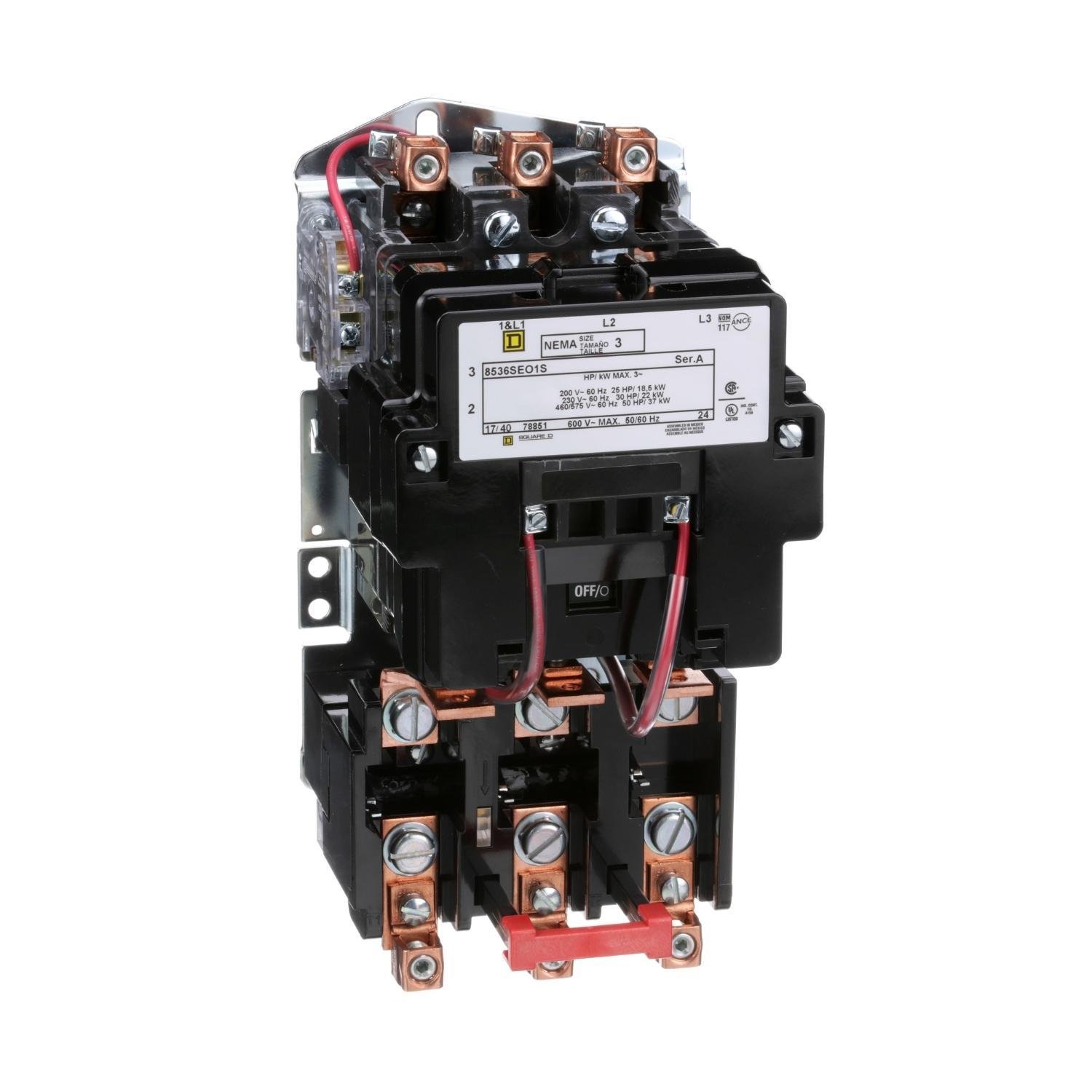 8536SEO1V06 - NEMA motor starter, Type S, nonreversing, Size 3, 90A, 50HP at 460VAC, 5kA SCCR, 3 phase, 3 pole, melting alloy, 480VAC coil, open [TAA]