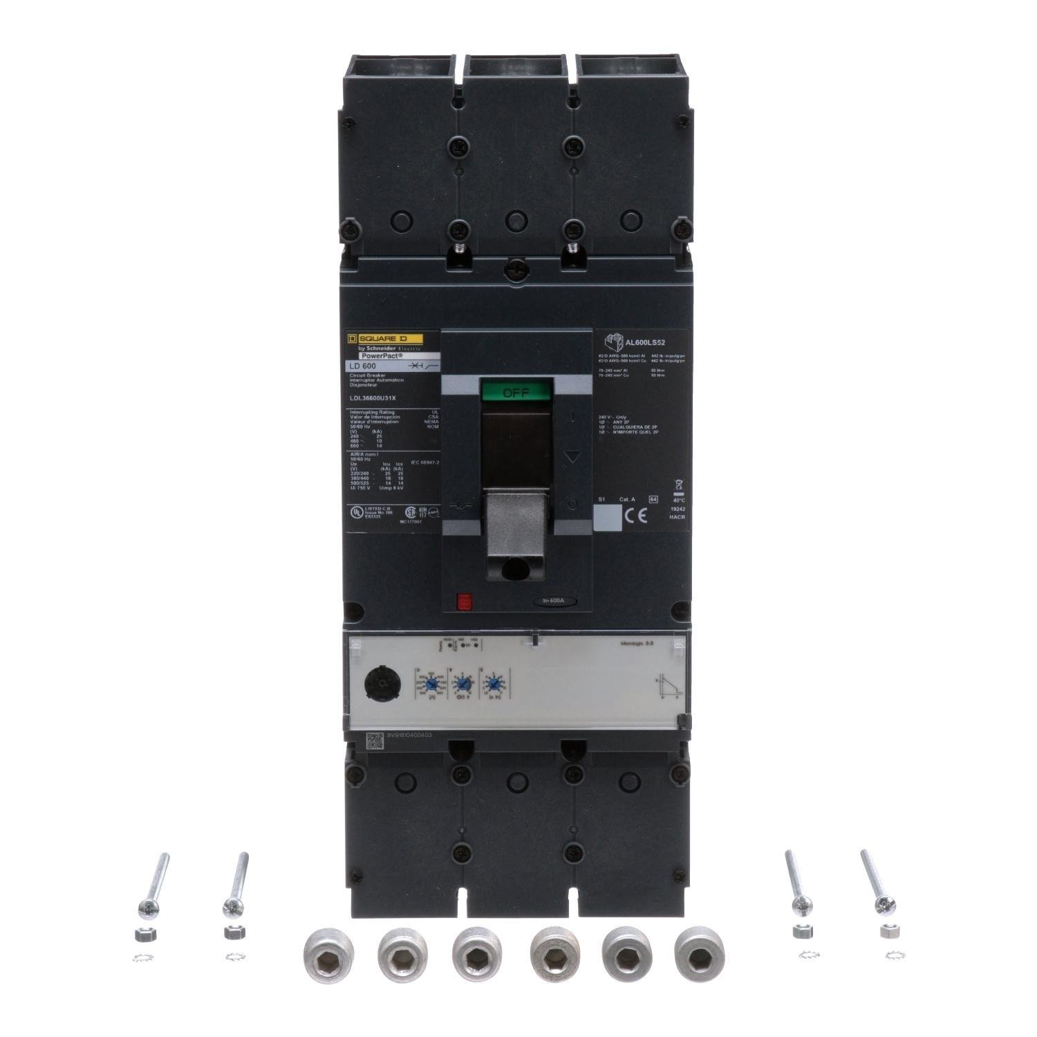 LDL36600U31X - Circuit breaker, PowerPacT L, 600A, 3 pole, 600VAC, 14kA, lugs, MicroLogic 3.3, 80%