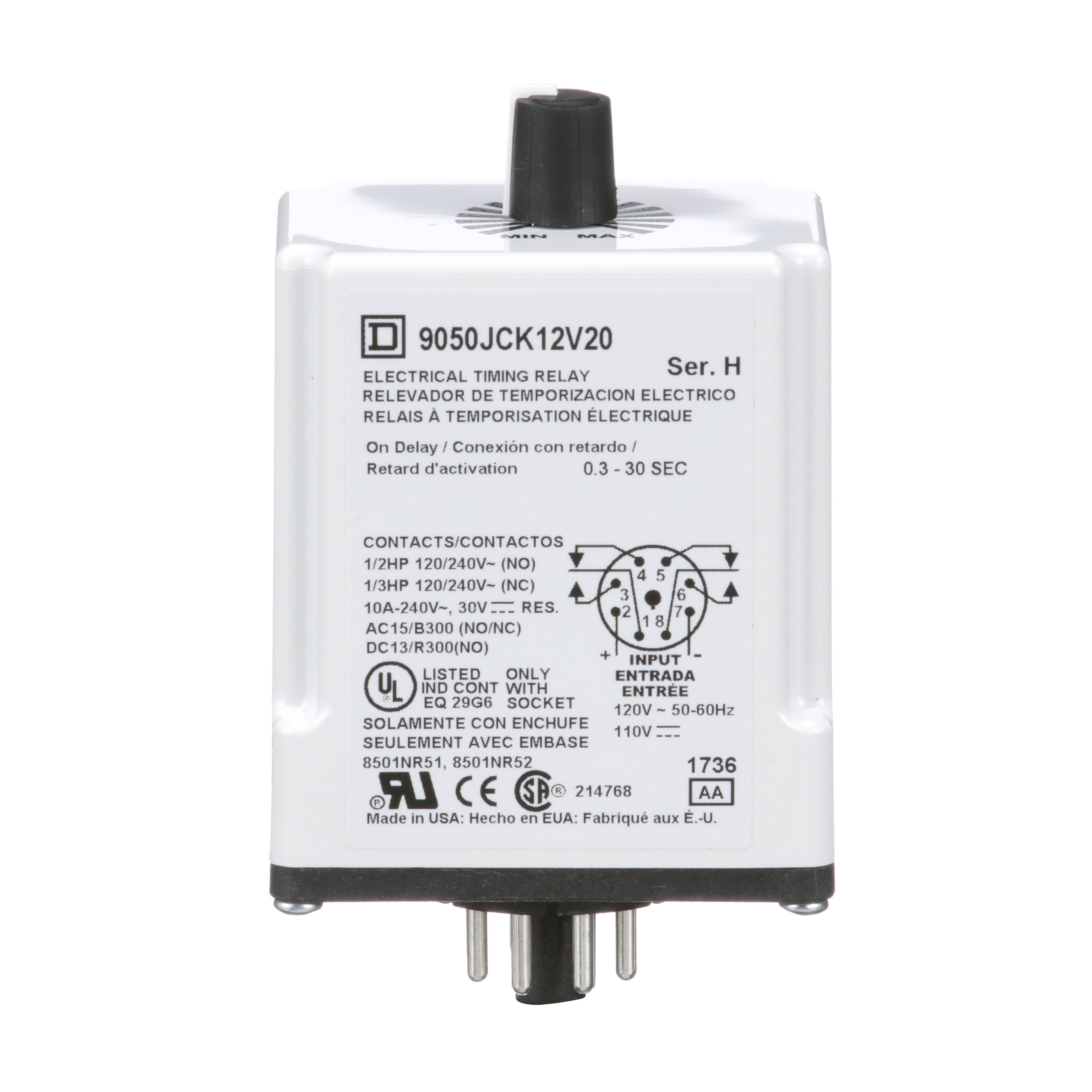 9050JCK12V20 - Timing Relay, Type JCK, plug In, on delay, adjustable time, 0.3 to 30 seconds, 10A, 240 VAC, 120 VAC/110 VDC