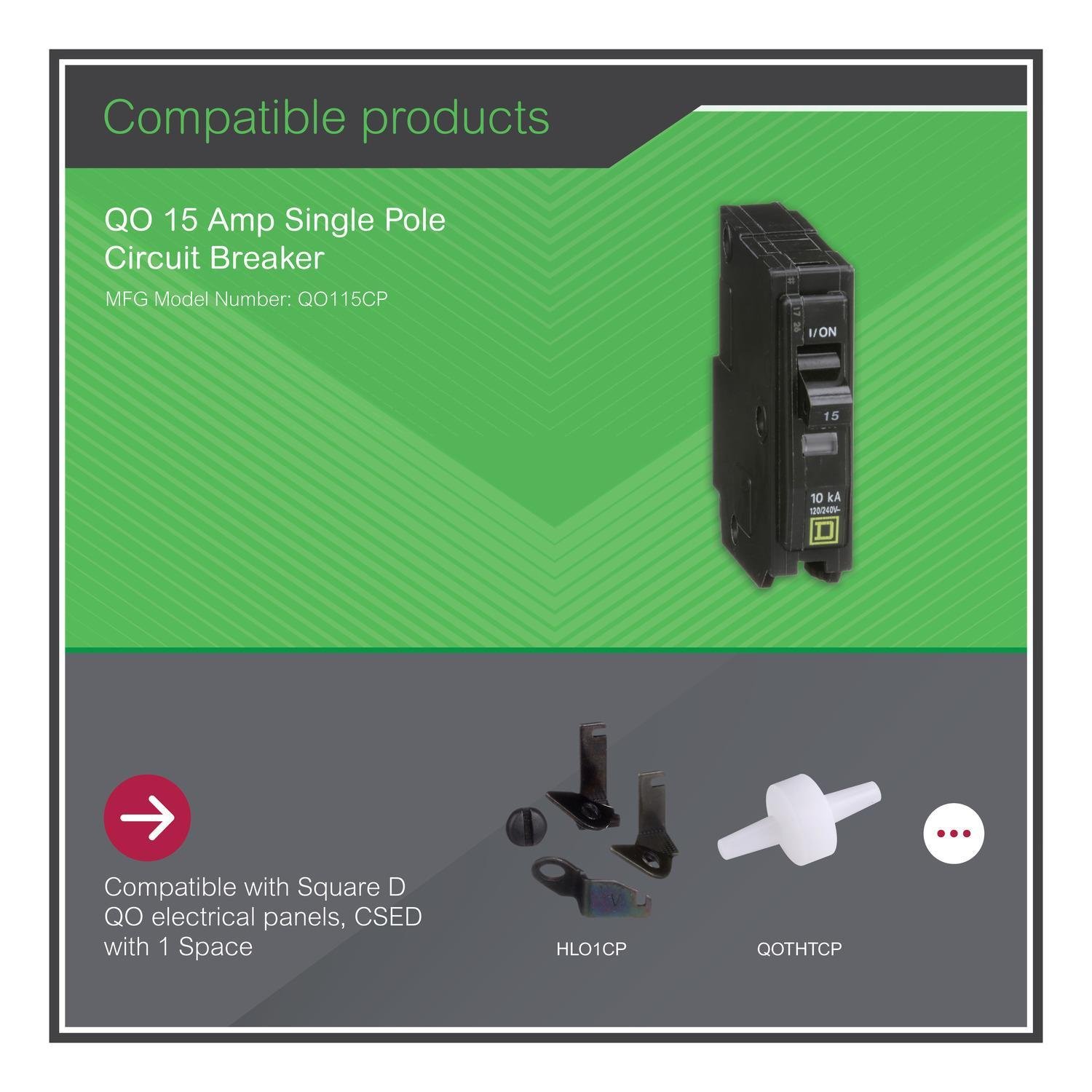 Picture of QO115 - Mini circuit breaker, QO, 15A, 1 pole, 120/240VAC, 10kA, plug in