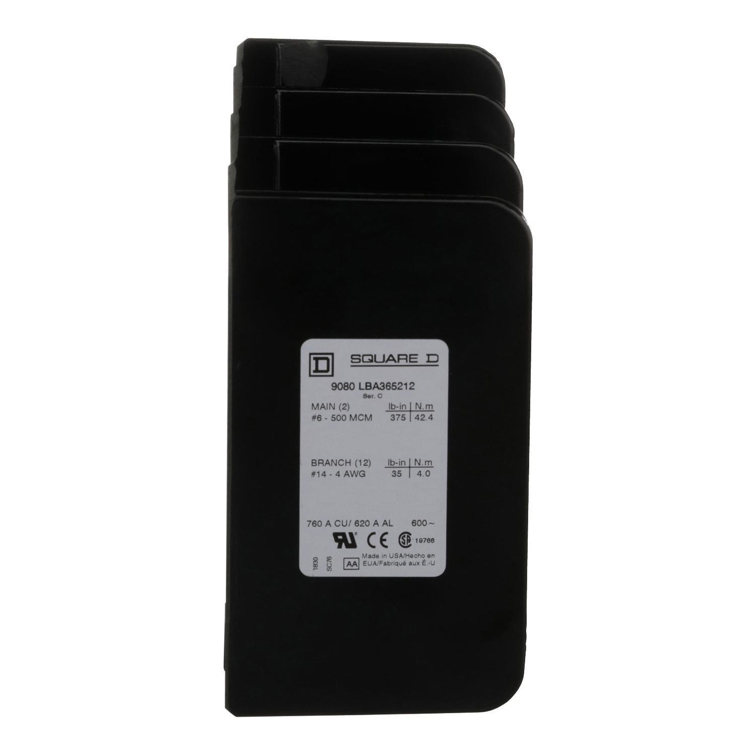 Picture of 9080LBA365212 - Power distribution block, Linergy, 3 pole, 2 line, 12 load, 760A Cu, 620A Al, 600V