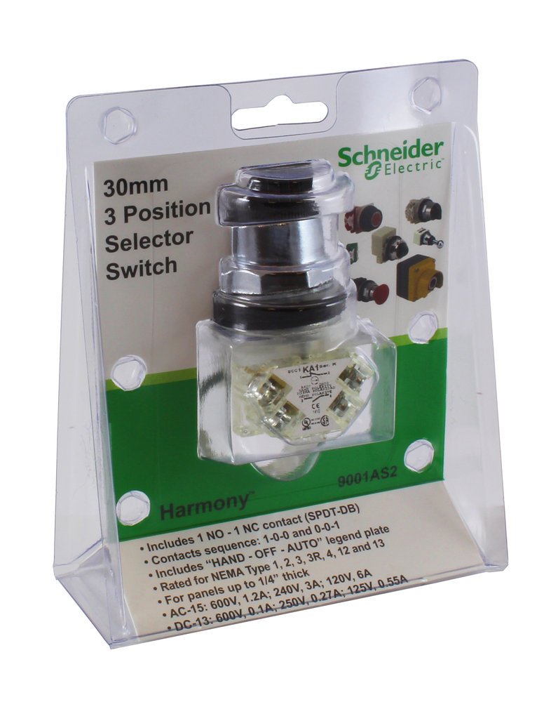 9001AS2 - 30mm Push Buttons, package containing 9001KS43BH13 3 position selector switch and HAND OFF AUTO legend plate
