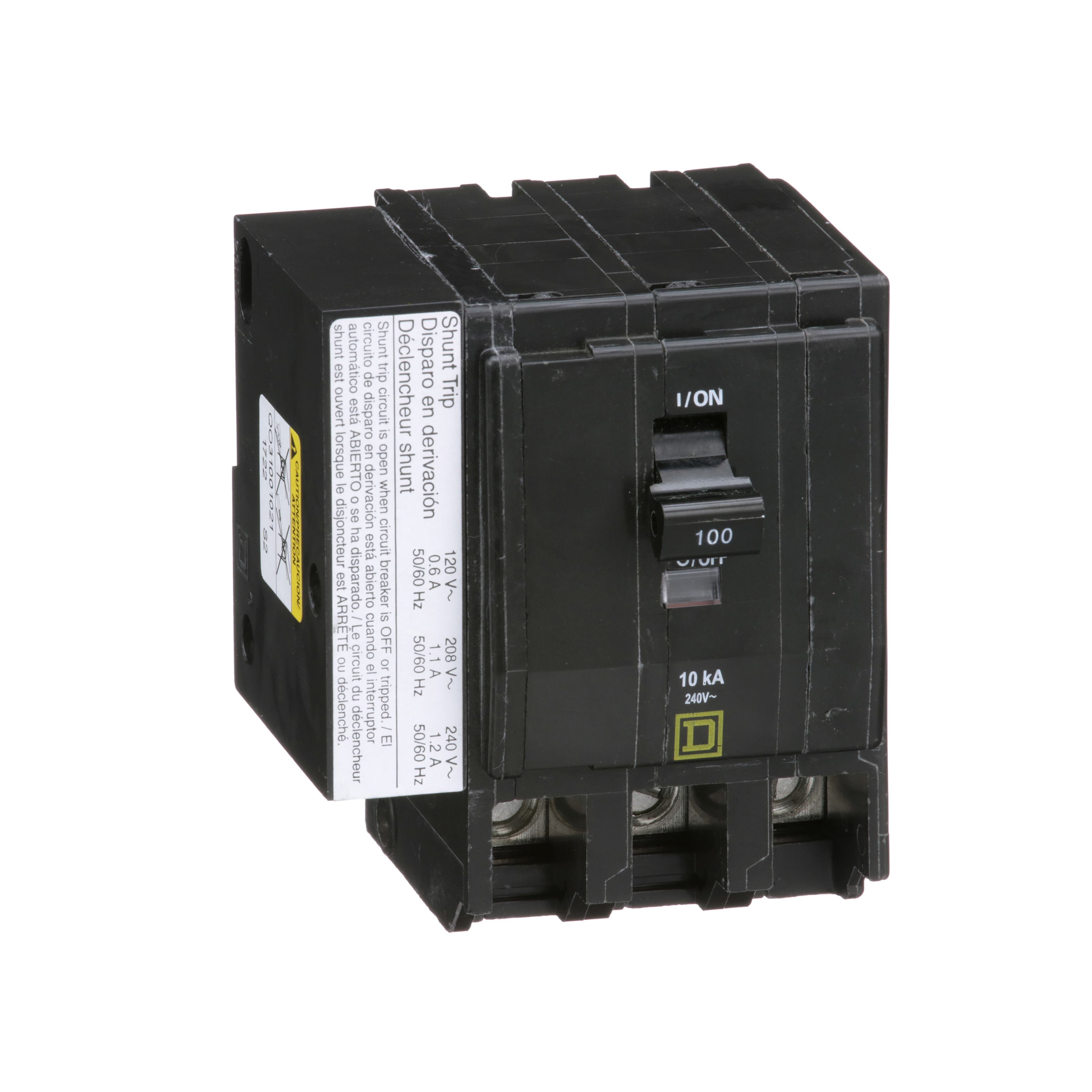 Picture of QO31001021 - Mini circuit breaker, QO, 100A, 3 pole, 120/240VAC, 10kA, plug in, AC shunt