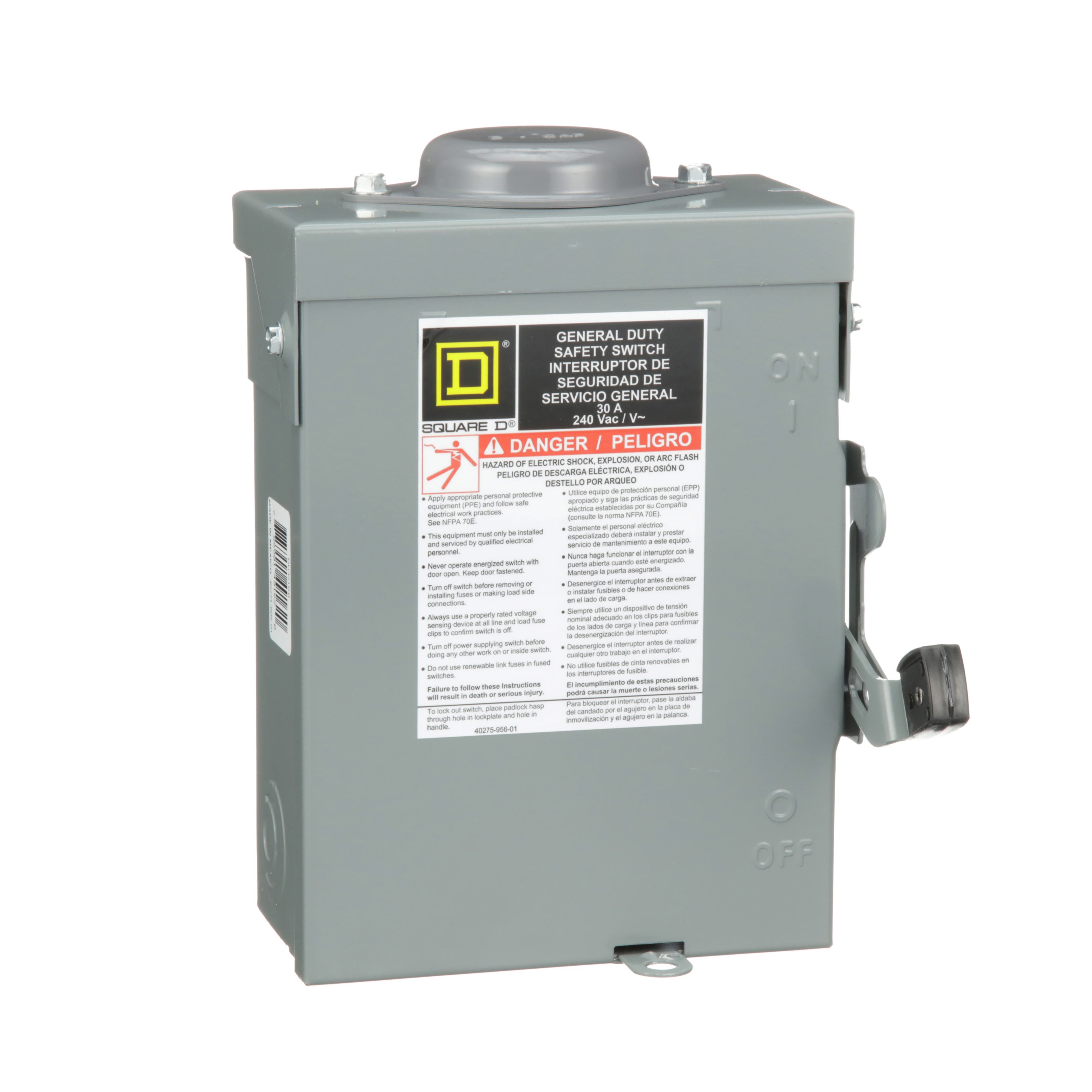 DU321RB - Safety switch, general duty, non fusible, 30A, 3 pole, 7.5hp, 240VAC, NEMA 3R, bolt on provision