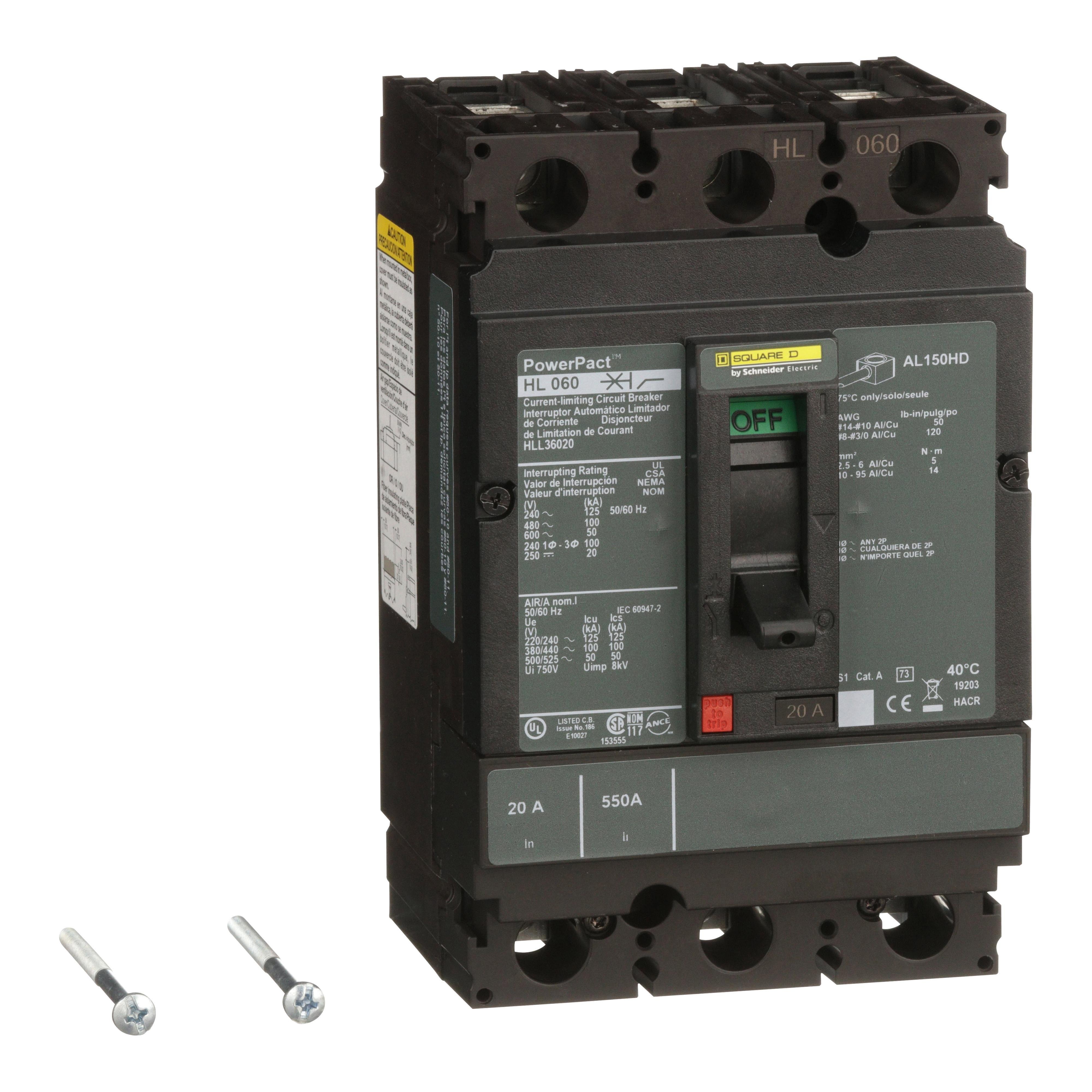 HLL36020 - Circuit breaker, PowerPacT H, 20A, 3 pole, 600VAC, 50kA, lugs, thermal magnetic, 80%