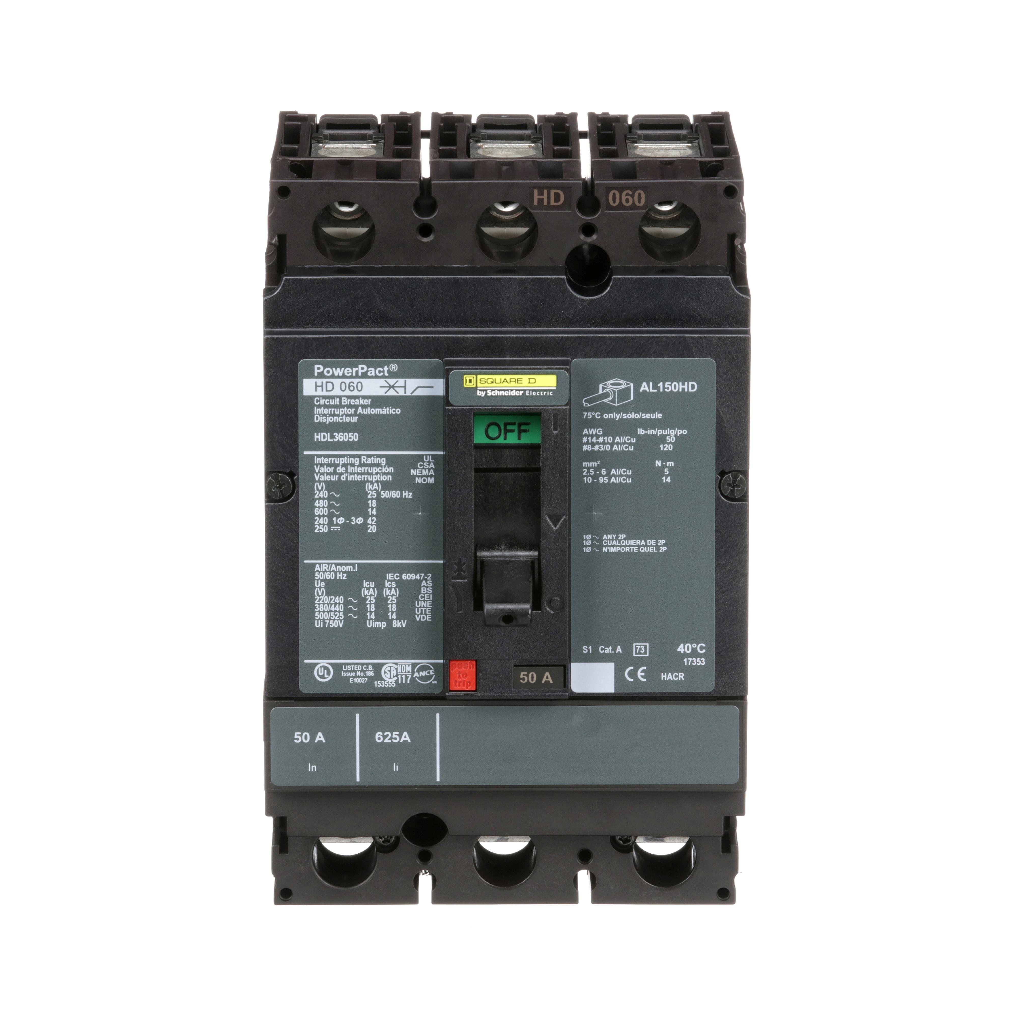 Picture of HDL36050 - Circuit breaker, PowerPacT H, 50A, 3 pole, 600VAC, 14kA, lugs, thermal magnetic, 80%