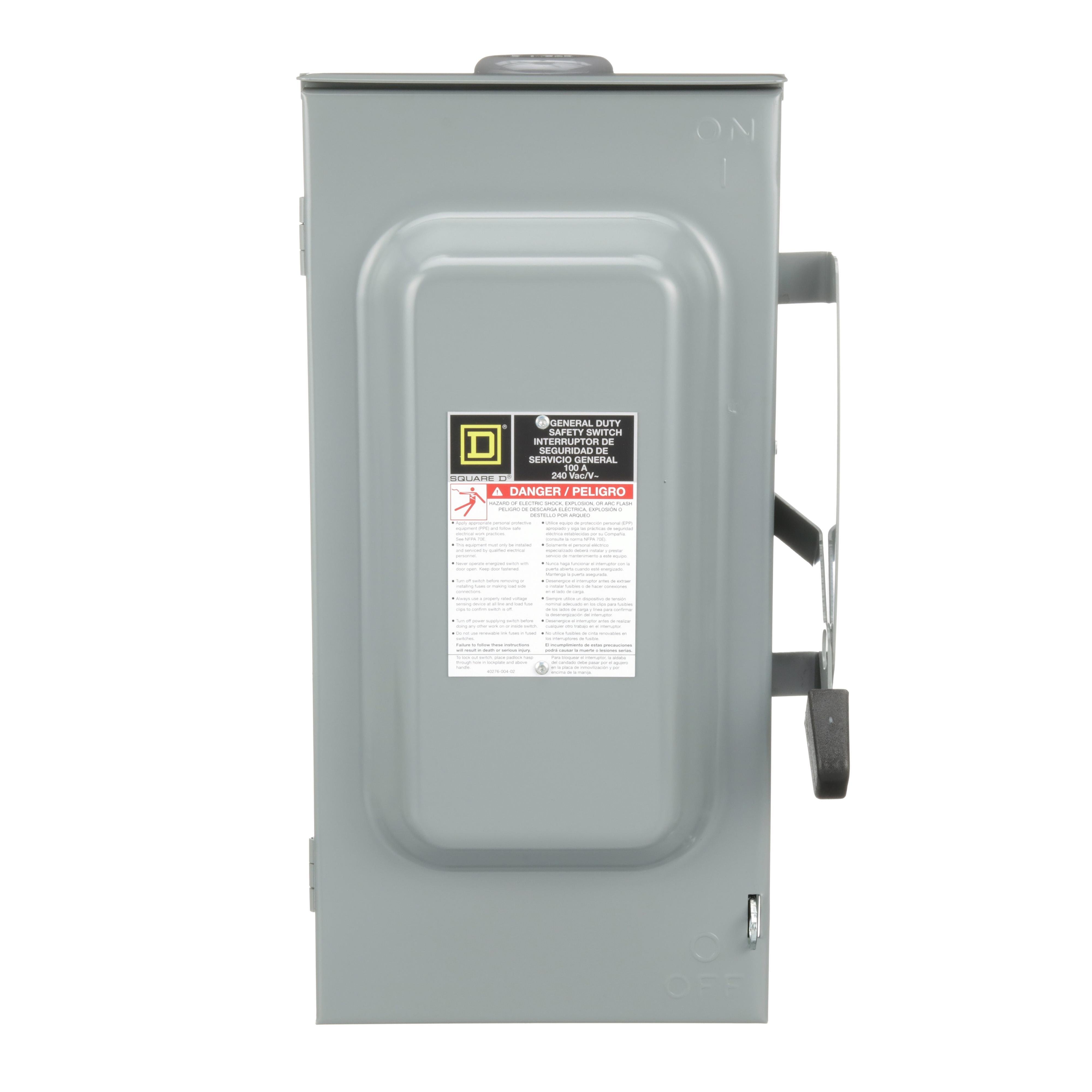 Picture of D223NRB - Safety switch, general duty, fusible, 100A, 2 pole, 30hp, 240VAC, NEMA 3R, 3 wire, 1 neutral, bolt on hub provision