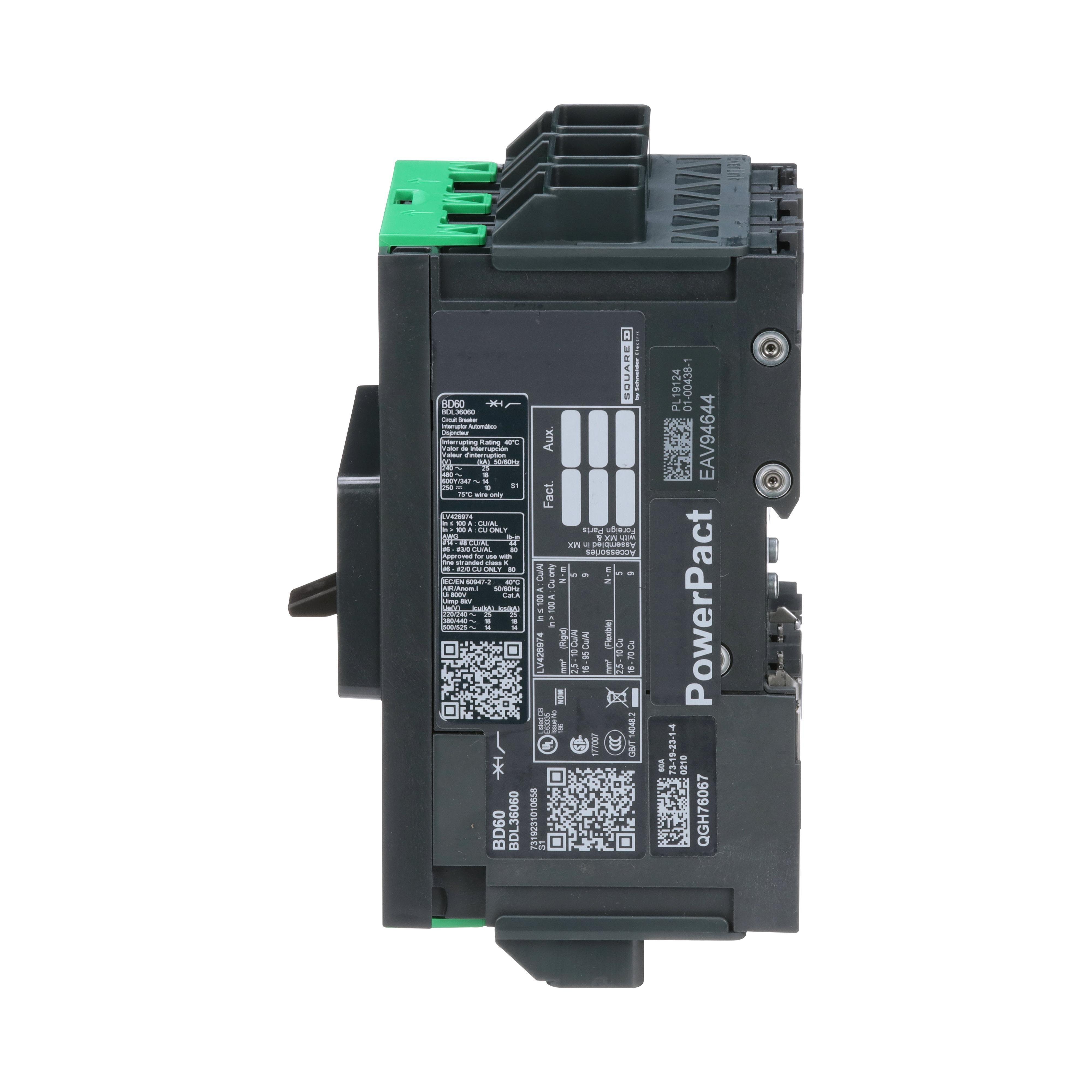 Picture of BDL36060 - Circuit breaker, PowerPacT B, 60A, 3 pole, 600Y/347VAC, 14kA, lugs, thermal magnetic, 80%