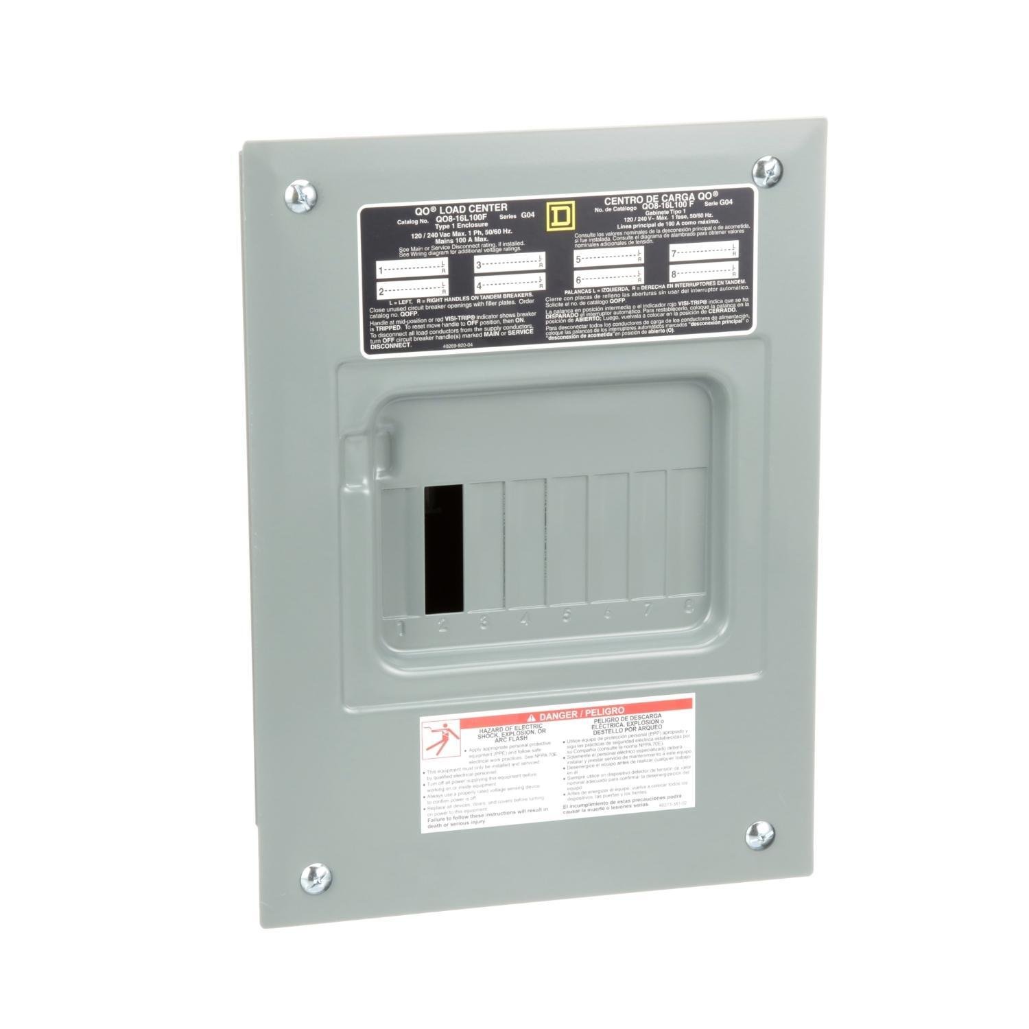 Picture of QO816L100F - Load center, QO, 1 phase, 8 spaces, 16 circuits, 100A fixed main lugs, NEMA1, flush cover