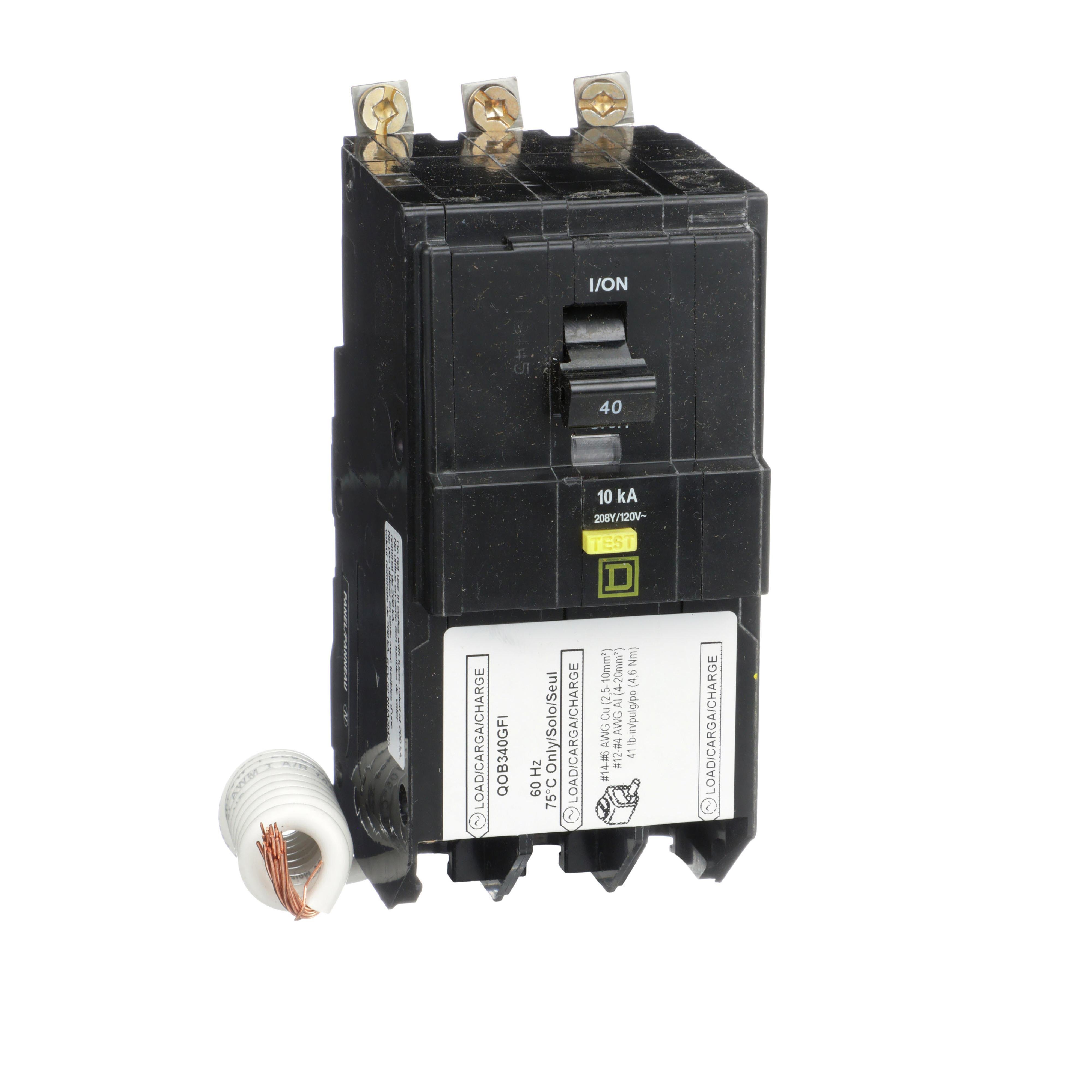 QOB340GFI - [TAA] Mini circuit breaker, QO, 40A, 3 pole, 208Y/120VAC, 10kA, bolt on, 6mA grd fault A, pigtail