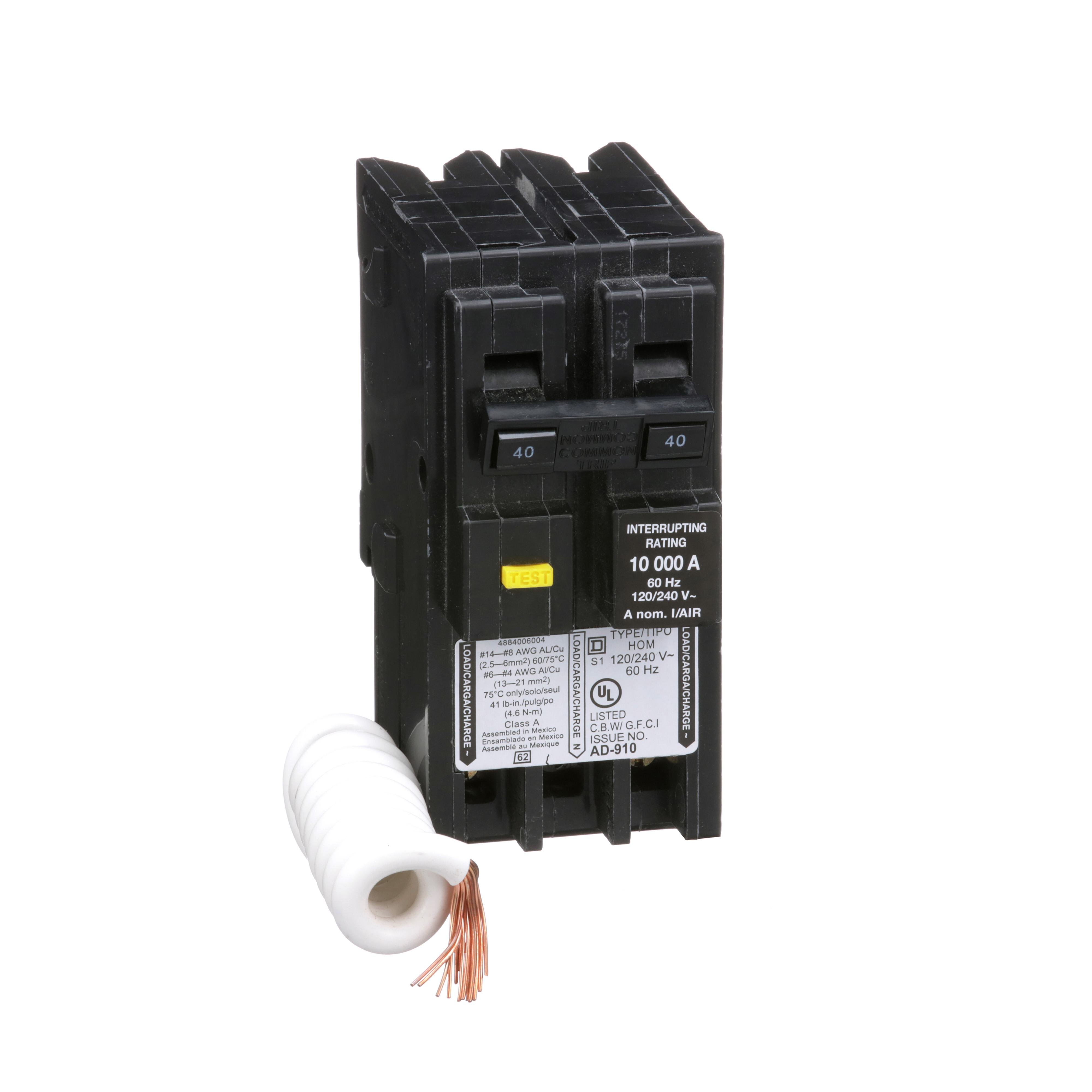 HOM240GFI - [TAA] Mini circuit breaker, Homeline, 40A, 2 pole, 120/240VAC, 10kA AIR, ground fault class A, plug in, UL