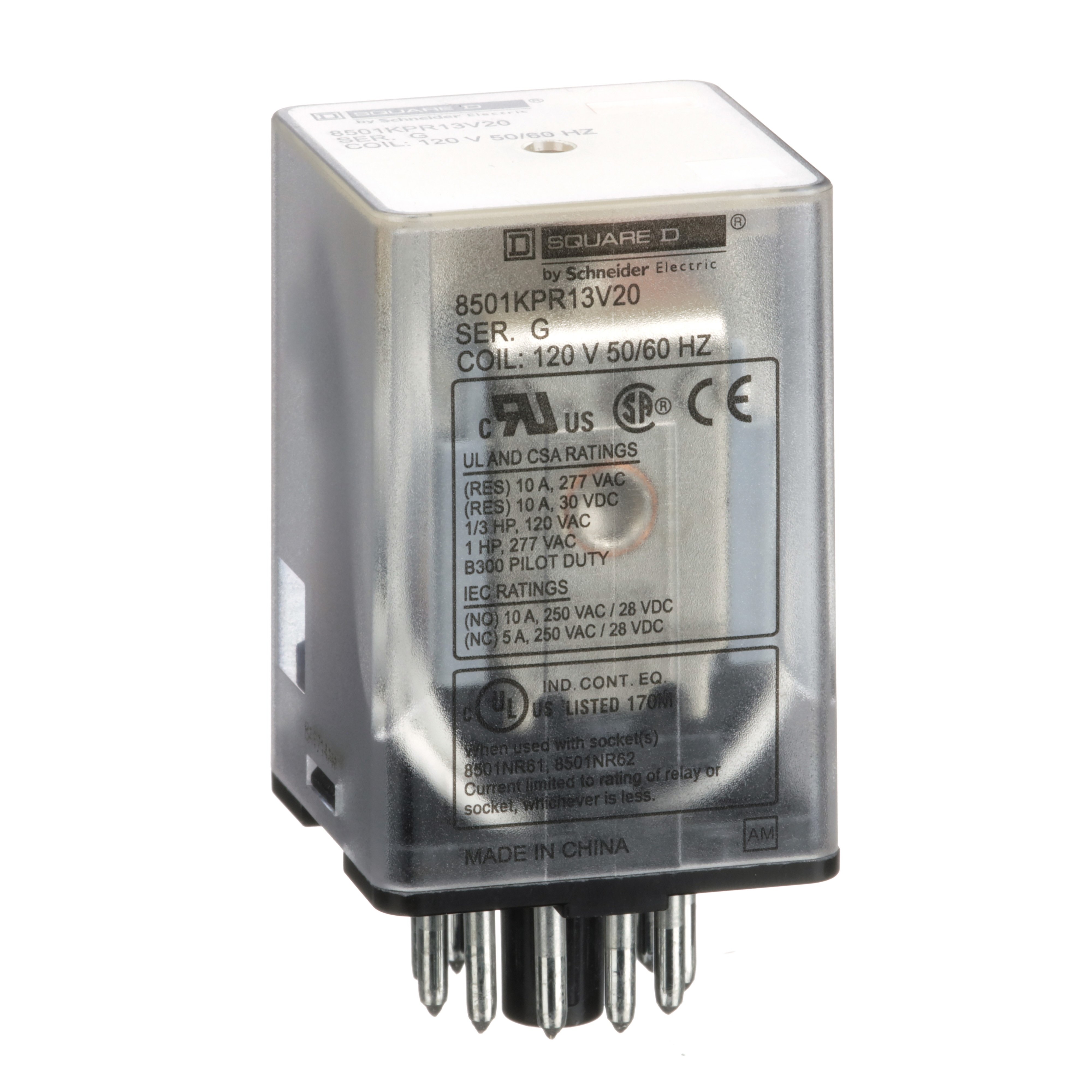 8501KPR13V20 - Plug in relay, Type KP, tubular, 1 HP at 277 VAC, 10A resistive at 120 VAC, 11 pin, 3PDT, 3 NO, 3 NC, 120 VAC coil