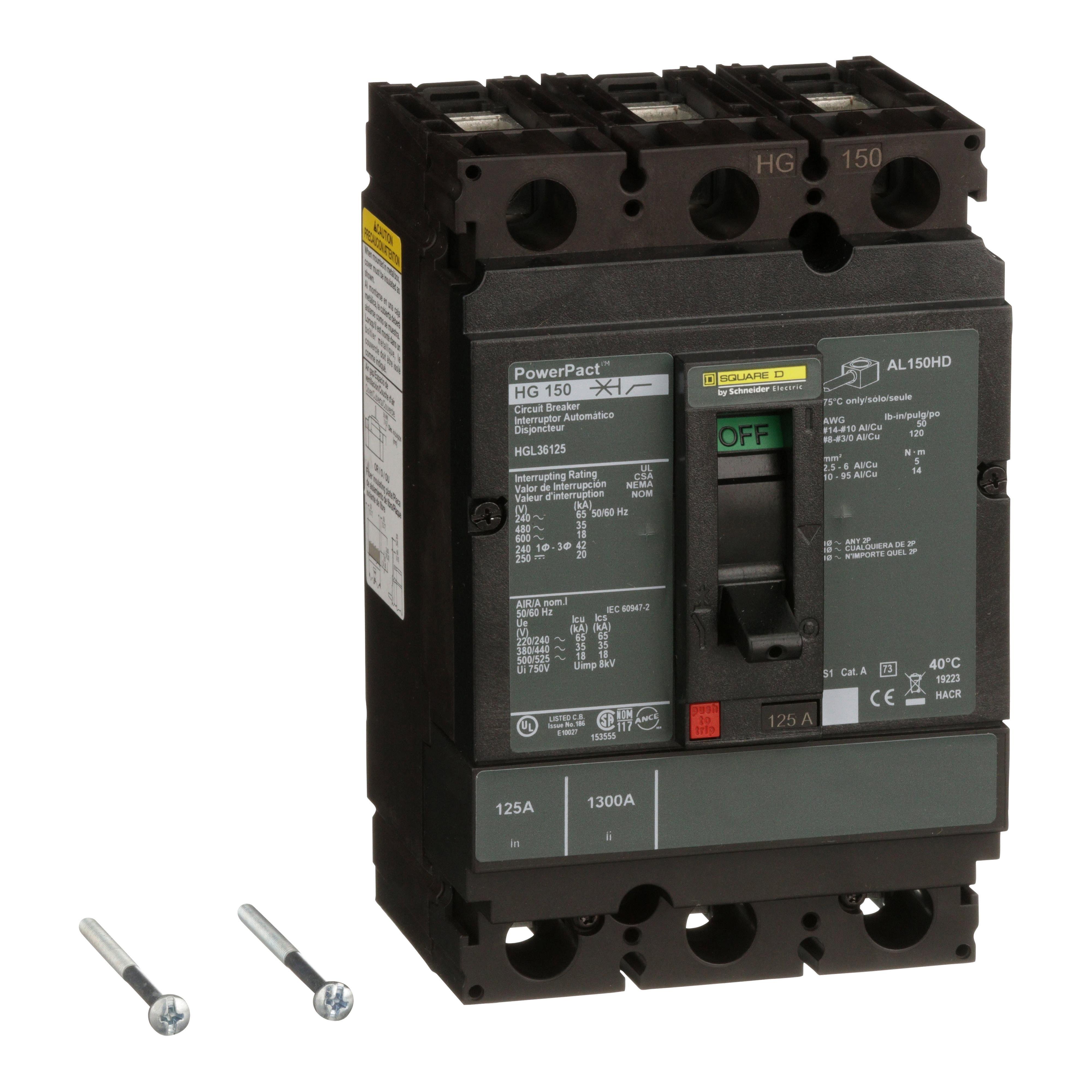 HGL36125 - Circuit breaker, PowerPacT H, 125A, 3 pole, 600VAC, 18kA, lugs, thermal magnetic, 80%
