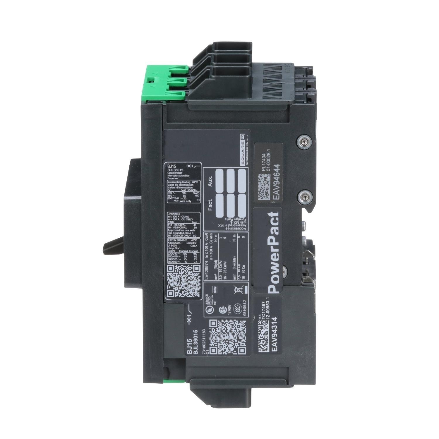 Picture of BJL36015 - Circuit breaker, PowerPacT B, 15A, 3 pole, 600Y/347VAC, 25kA, lugs, thermal magnetic, 80%