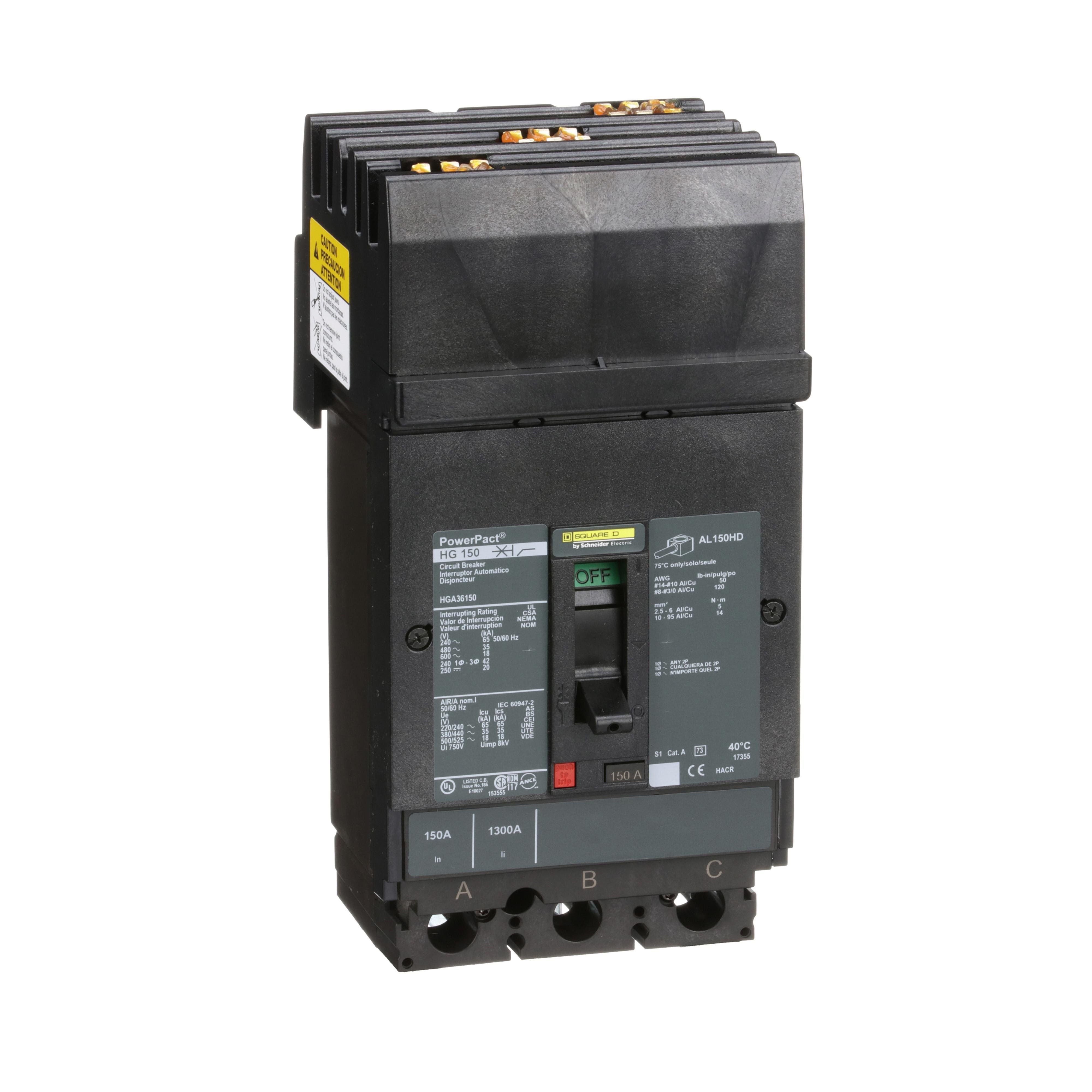 Picture of HGA36150 - Circuit breaker, PowerPacT H, 150A, 3 pole, 600VAC, 18kA, I-Line, thermal magnetic, 80%, ABC