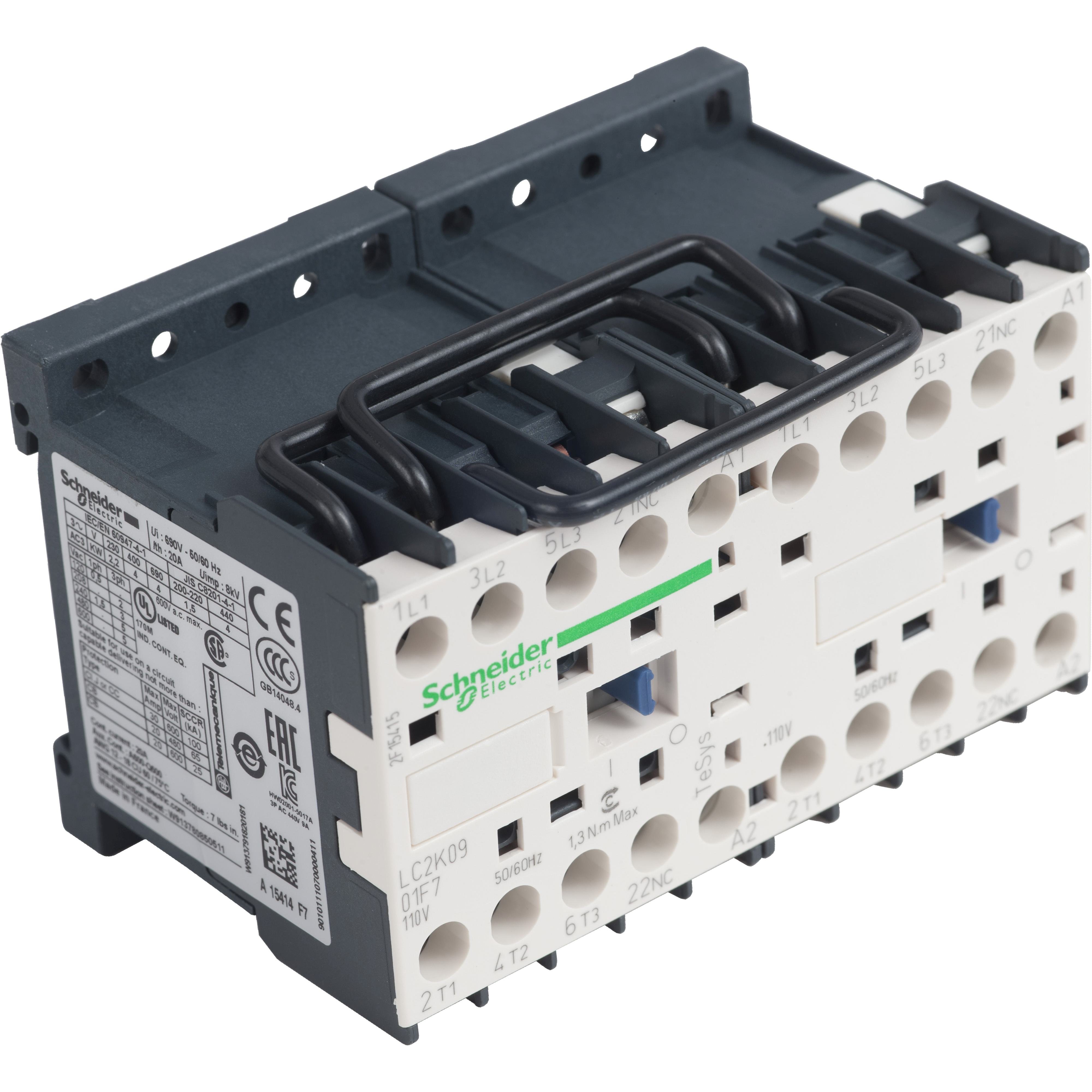 LC2K0901F7 - Reversing contactor, TeSys K, 3P, AC-3, lt or eq to 440V 9A, 1 NC, 110VAC coil