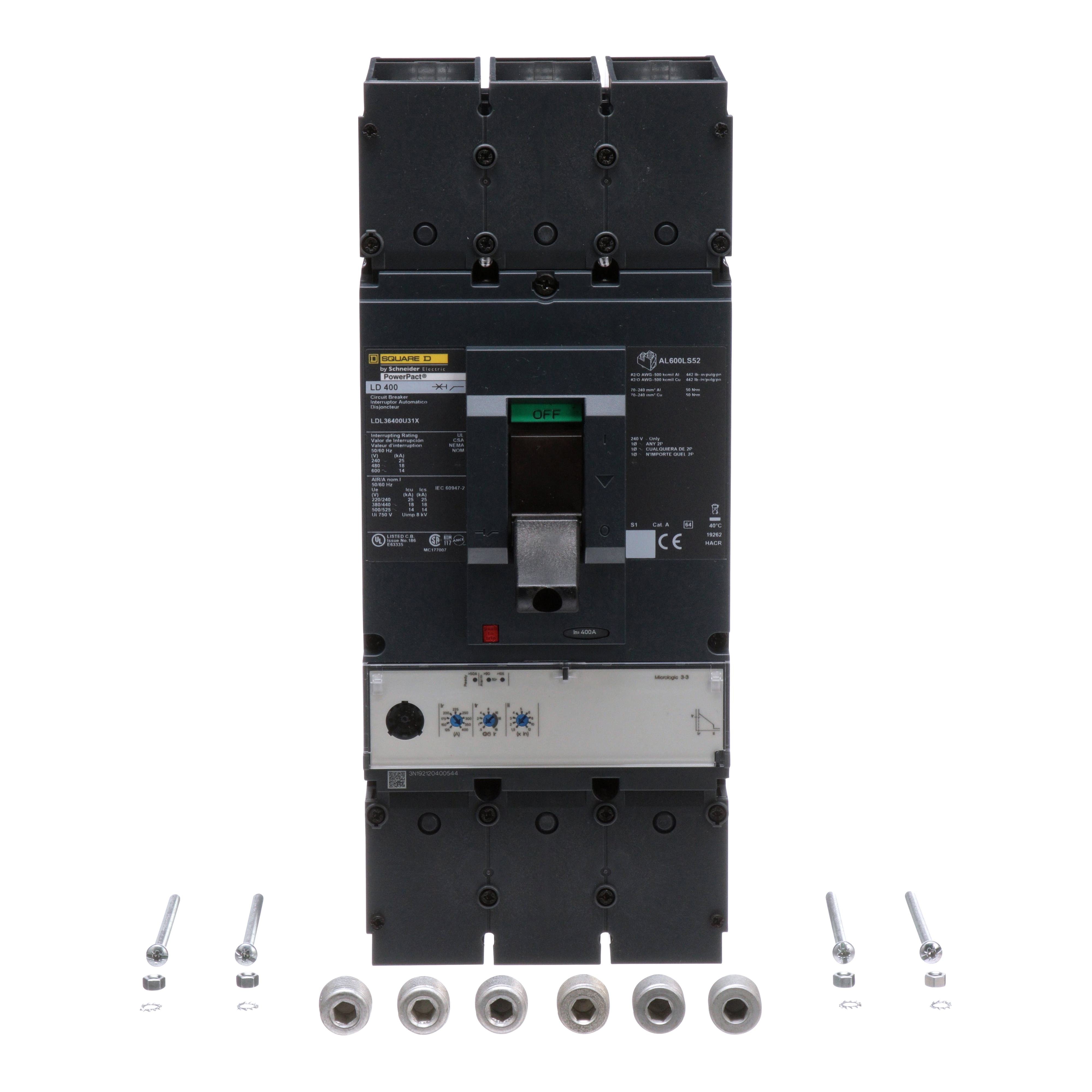Picture of LDL36400U31X - Circuit breaker, PowerPacT L, 400A, 3 pole, 600VAC, 14kA, lugs, MicroLogic 3.3, 80%