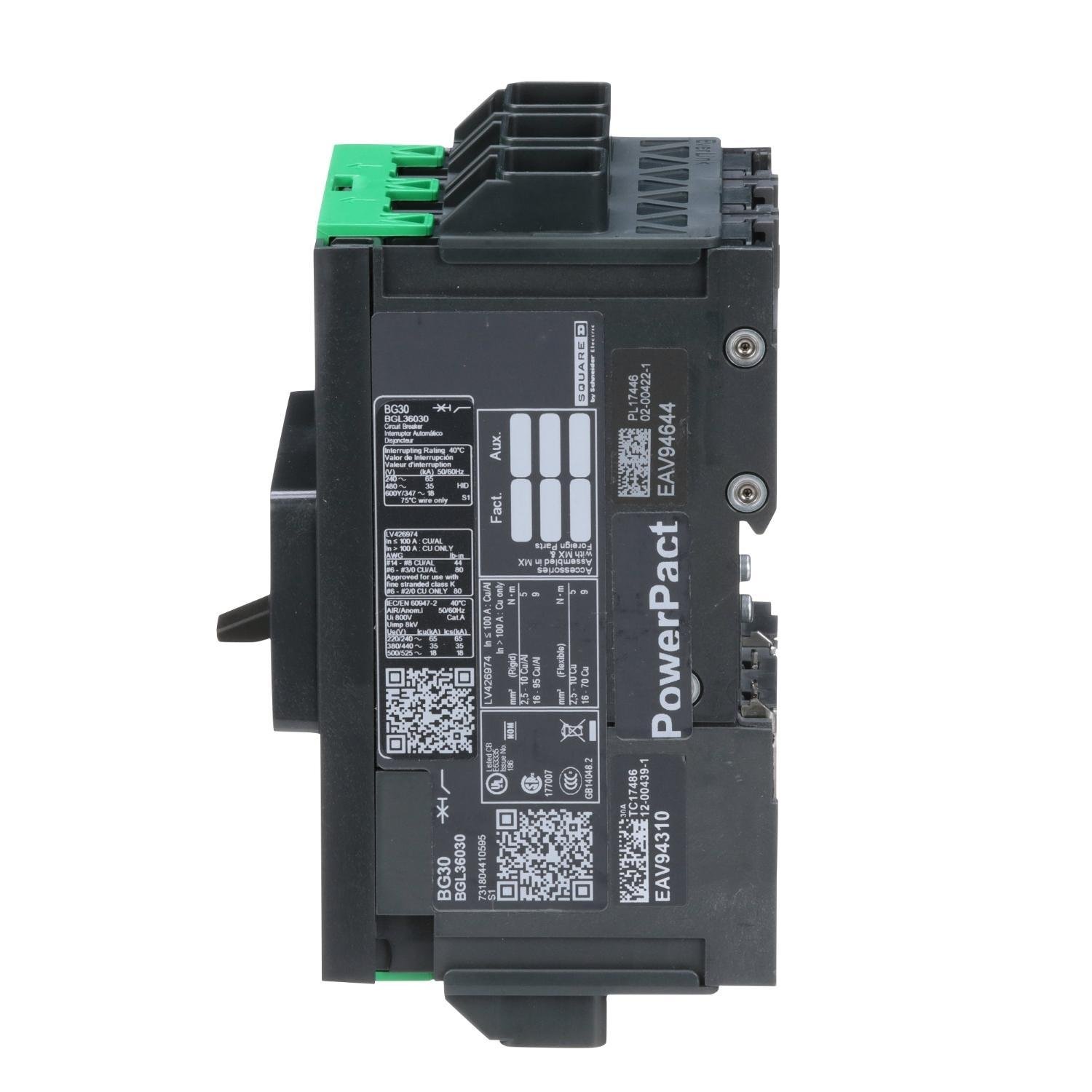 Picture of BGL36030 - Circuit breaker, PowerPacT B, 30A, 3 pole, 600Y/347VAC, 18kA, lugs, thermal magnetic, 80%