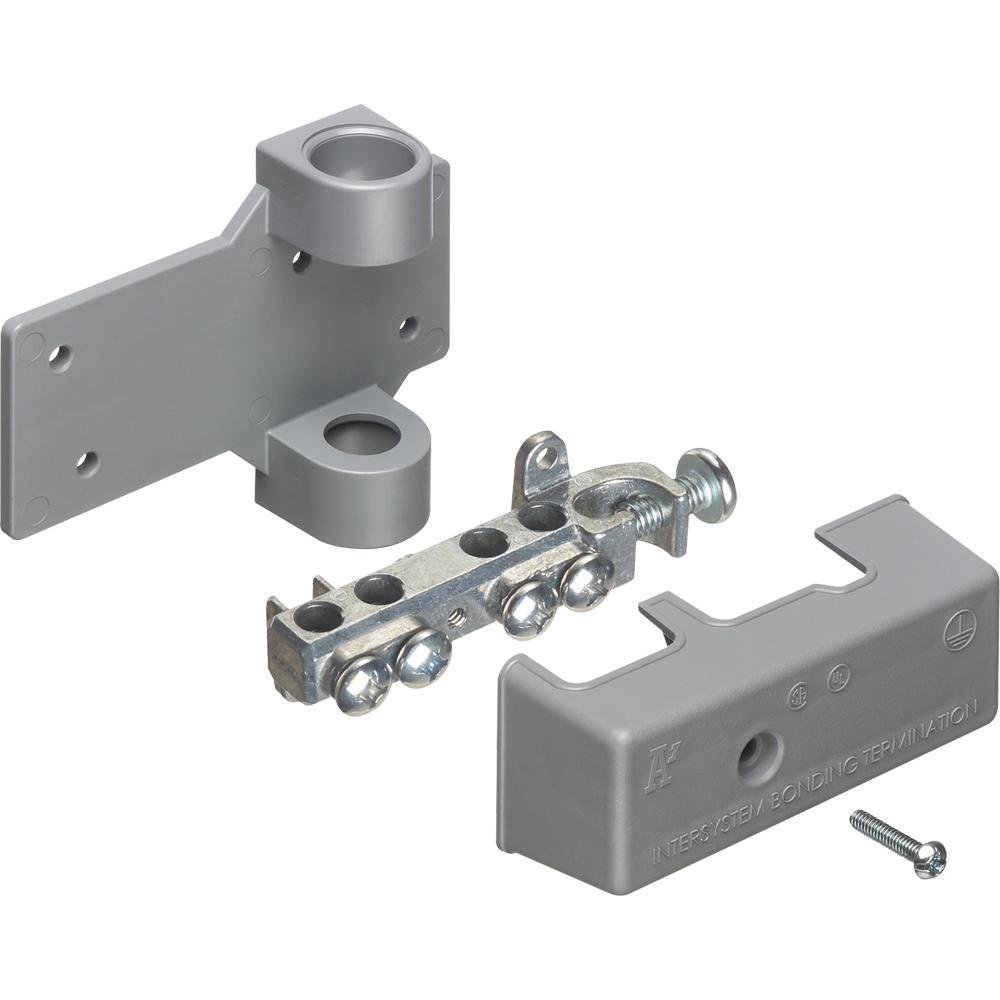 Intersystem grounding bridge, has 4 termination points, one more than required by the NEC. Cable range 4 termination points for #4 to #14 solid or stranded. Ataches to grounding conductor with lay in style lug with a cable range of #6 to #2 grounding wire