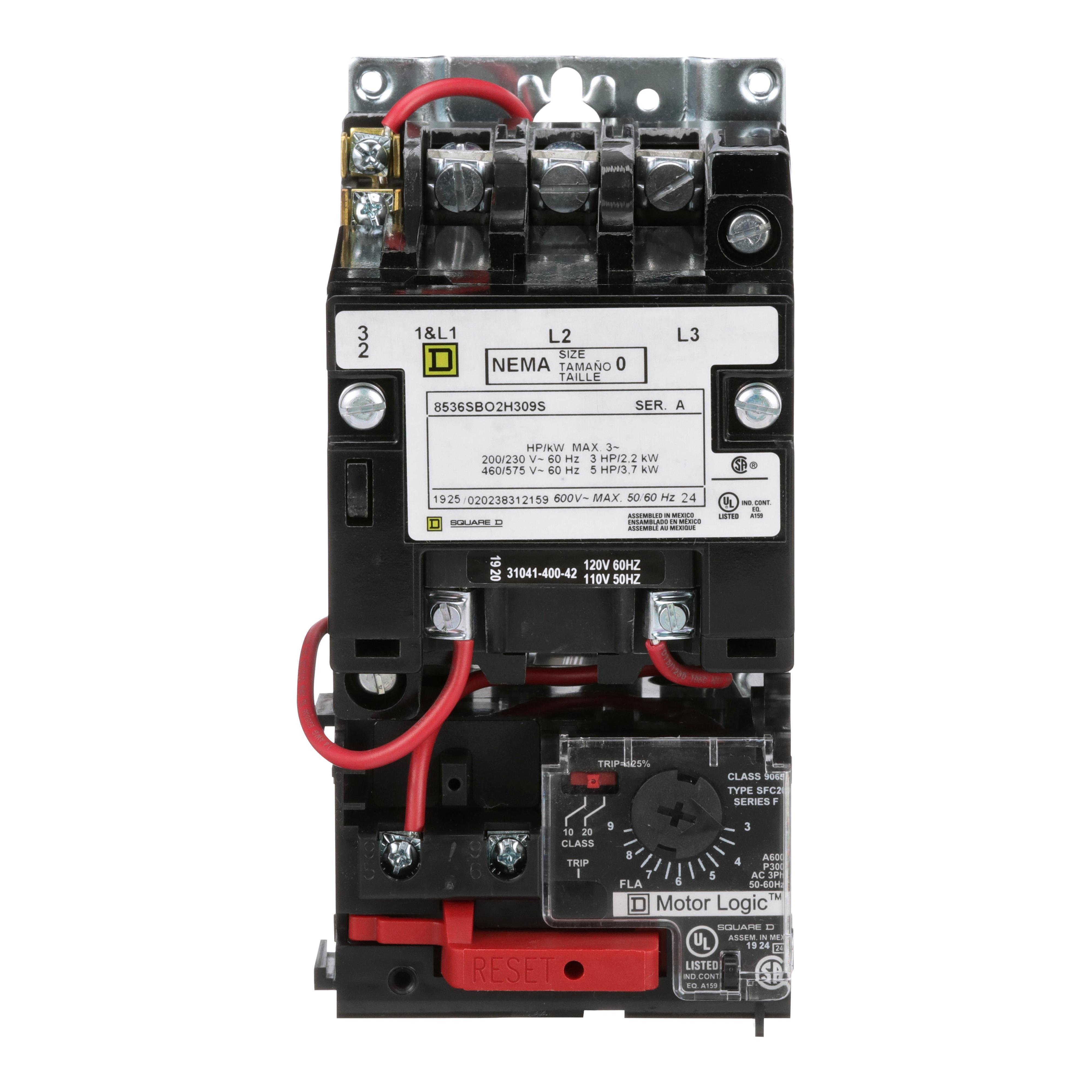 8536SBO2V02H309S - NEMA motor starter, Type S, nonreversing, Size 0, 18A, 5HP at 460VAC, up to 100kA SCCR, 3 phase, 3 pole, Motor Logic, 120VAC coil, open [TAA]