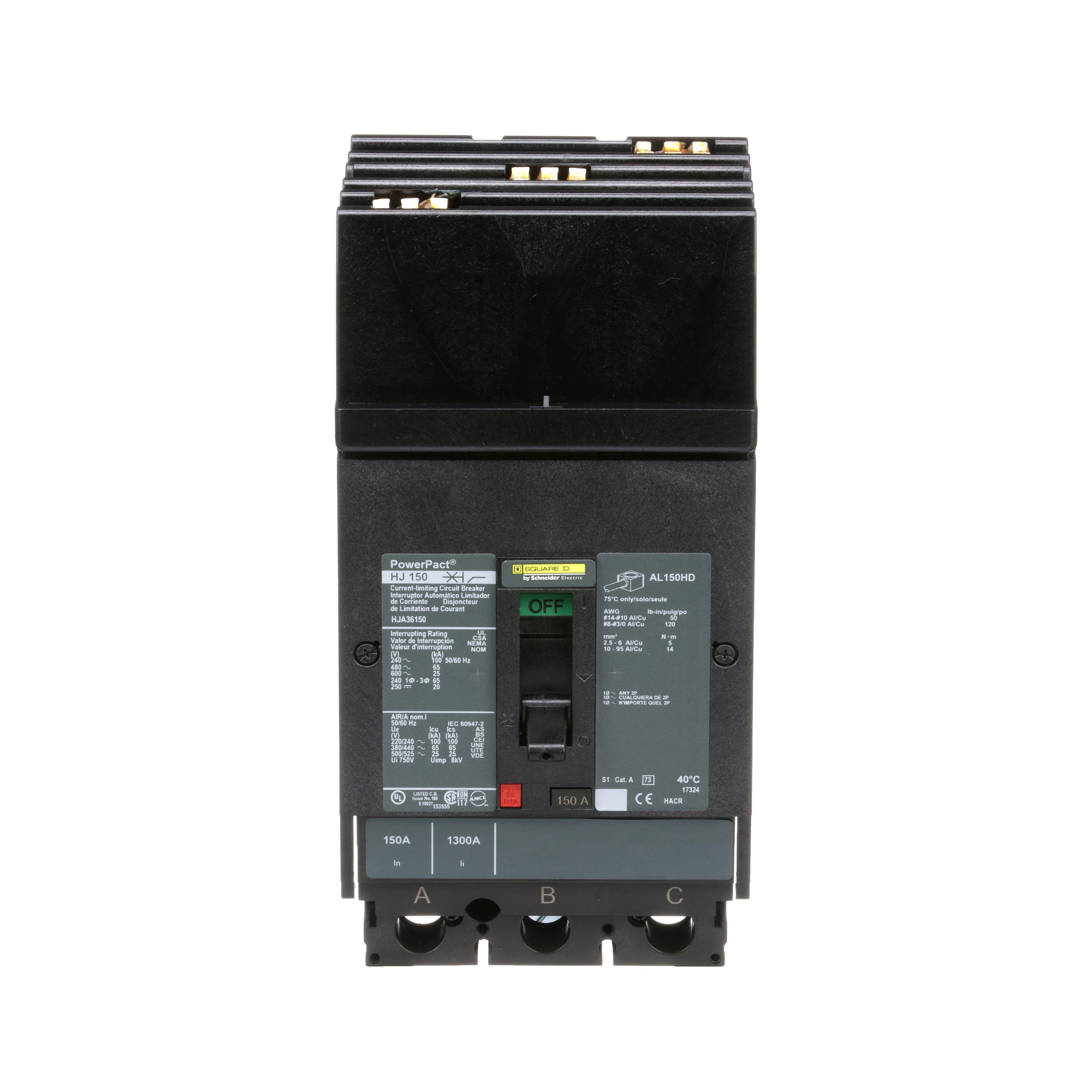 Picture of HJA36150 - Circuit breaker, PowerPacT H, 150A, 3 pole, 600VAC, 25kA, I-Line, thermal magnetic, 80%, ABC