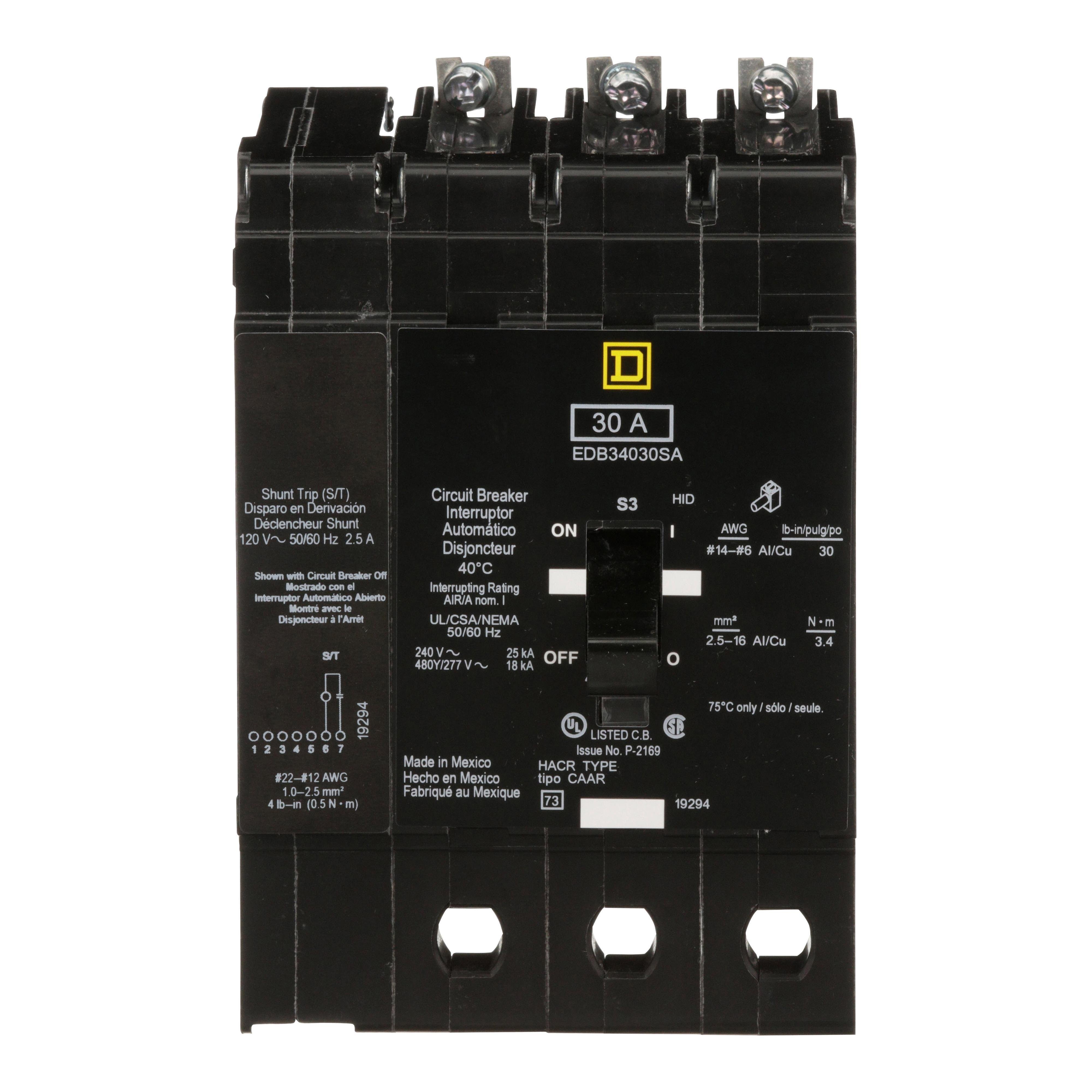 EDB34030SA - Mini circuit breaker, E-Frame, 30A, 3 pole, 480Y/277VAC, 25kA max, bolt on, shunt trip [TAA]