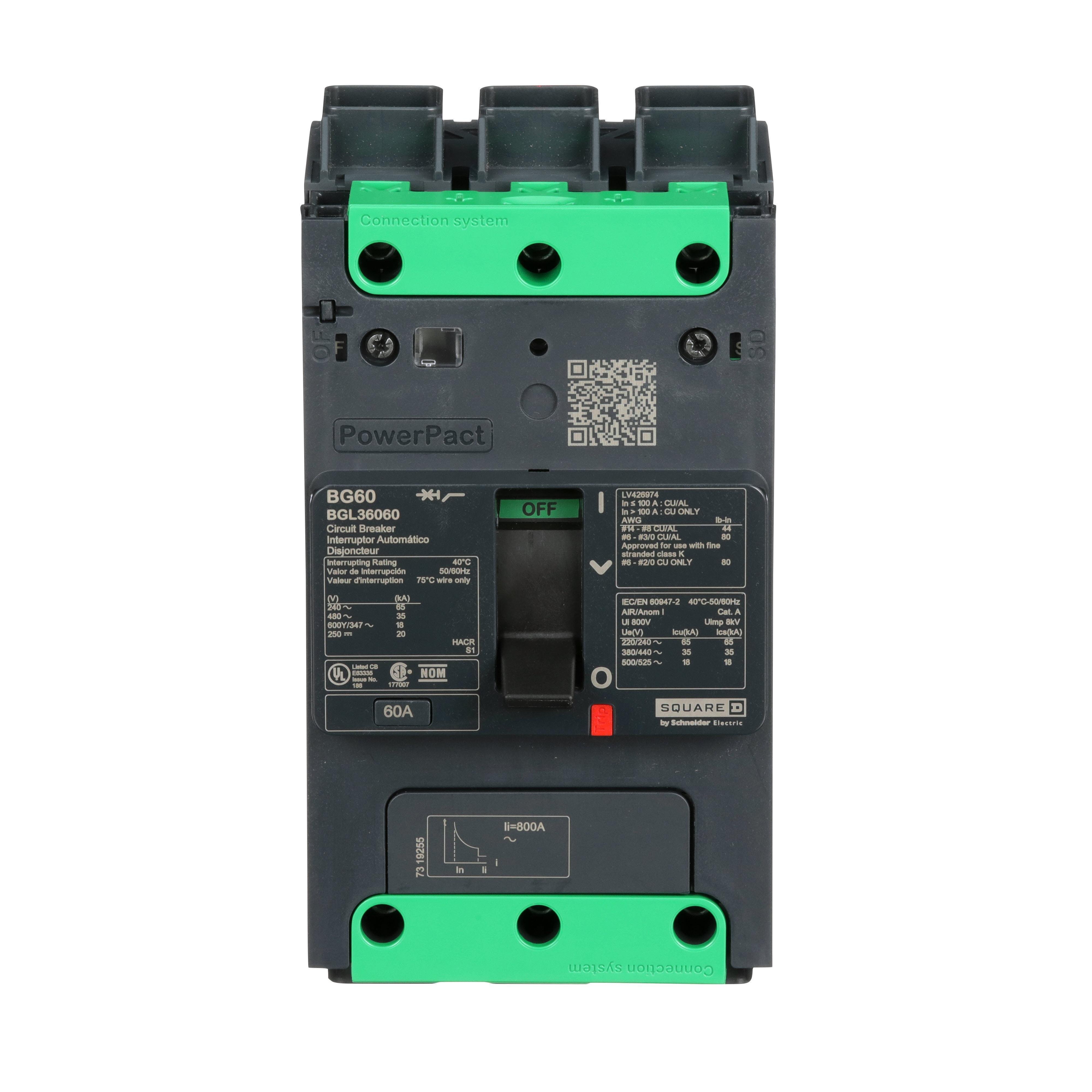 BGL36060 - Circuit breaker, PowerPacT B, 60A, 3 pole, 600Y/347VAC, 18kA, lugs, thermal magnetic, 80%